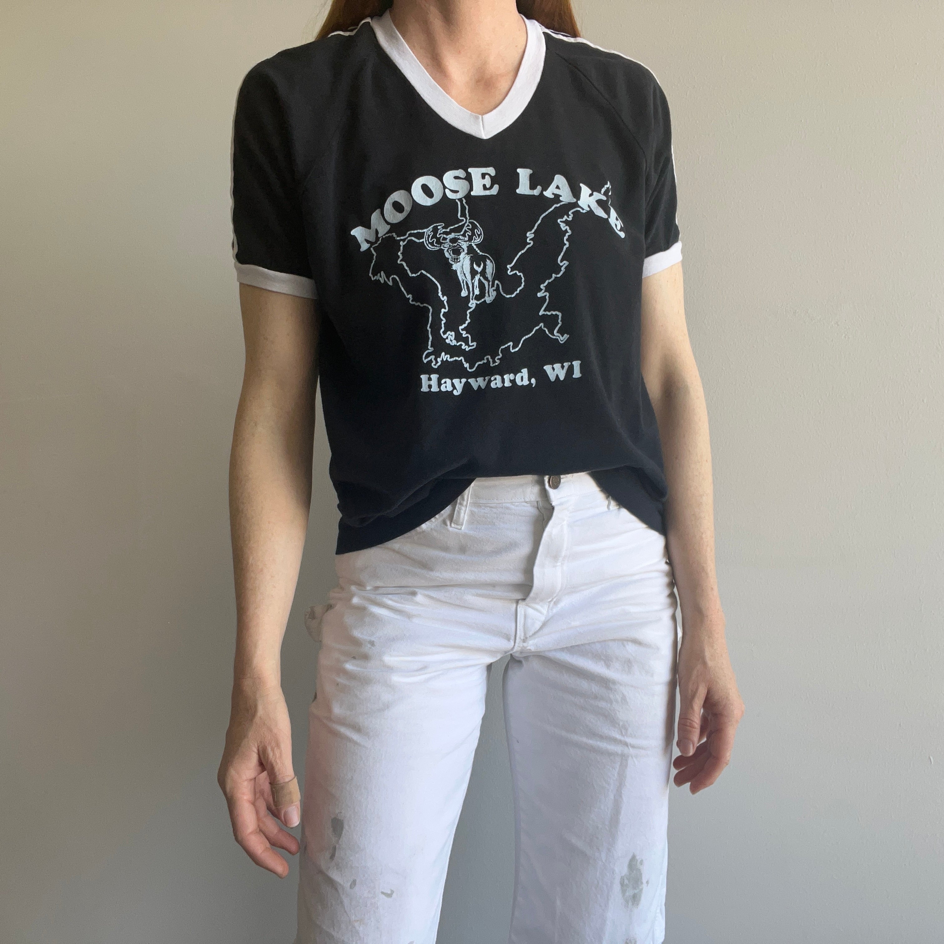 1970s Moose Lake V-Neck Triple Stripe Ring T-Shirt