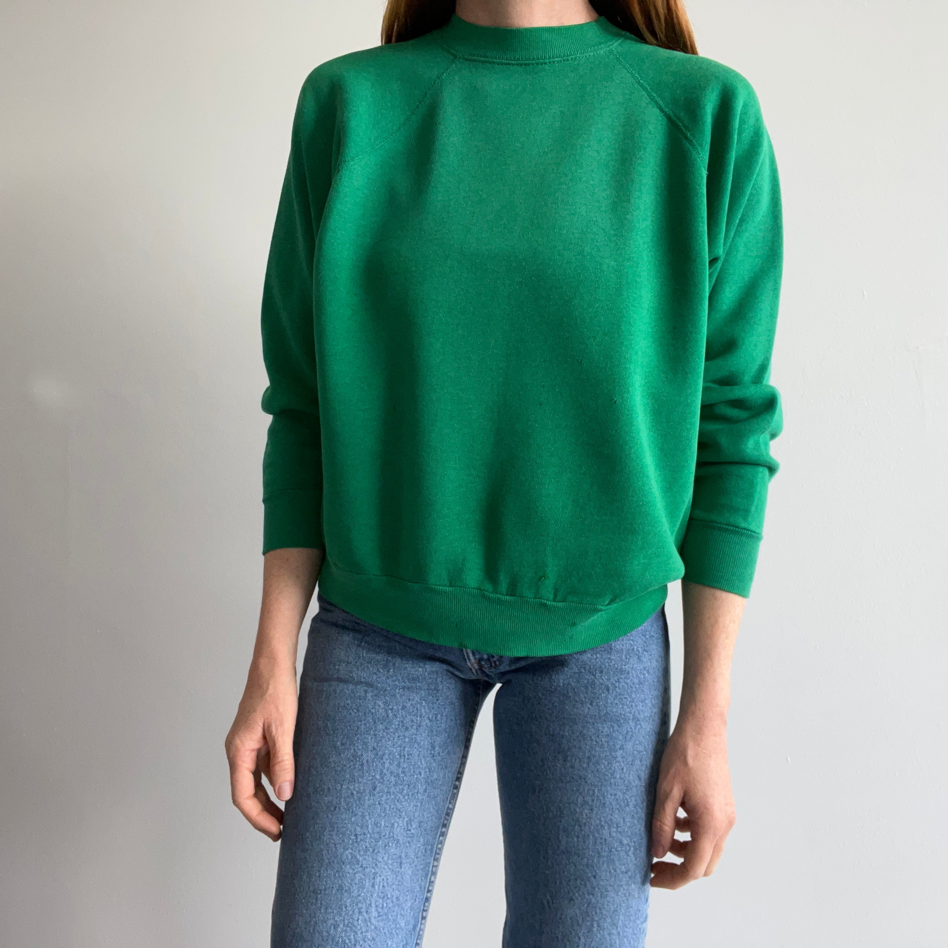 1980s Kelly Green Tultex Raglan with Dark Green Spots.