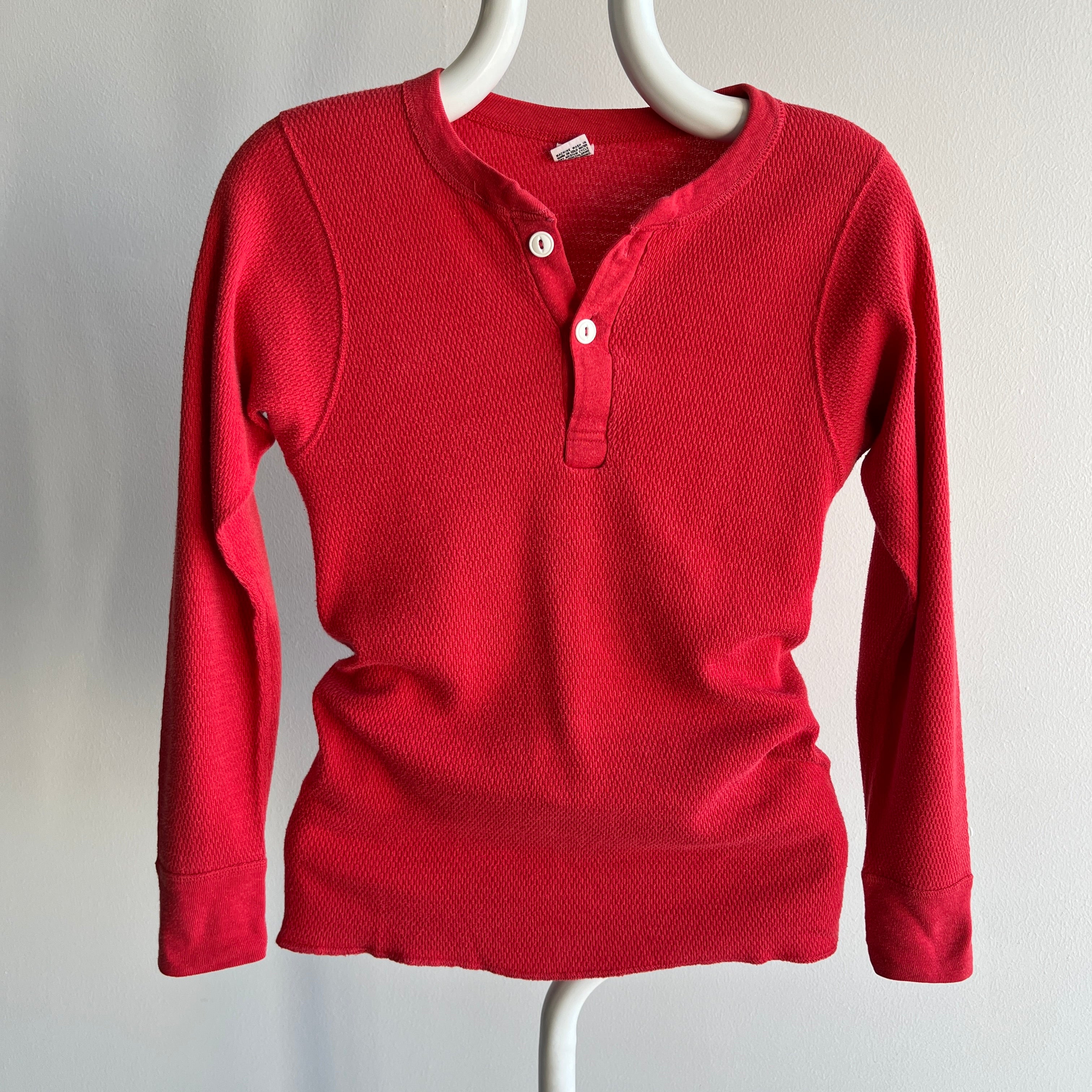 1970s Black and White Hanes Tag Red Cotton Waffle Henley Thermal