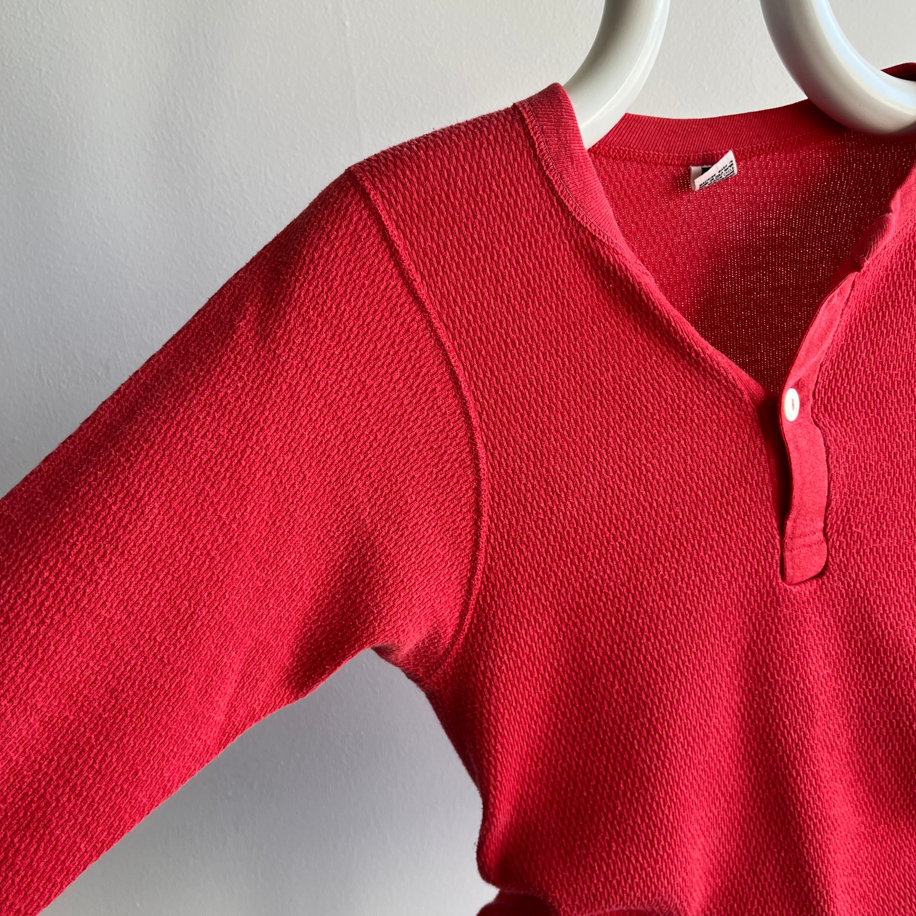 1970s Black and White Hanes Tag Red Cotton Waffle Henley Thermal