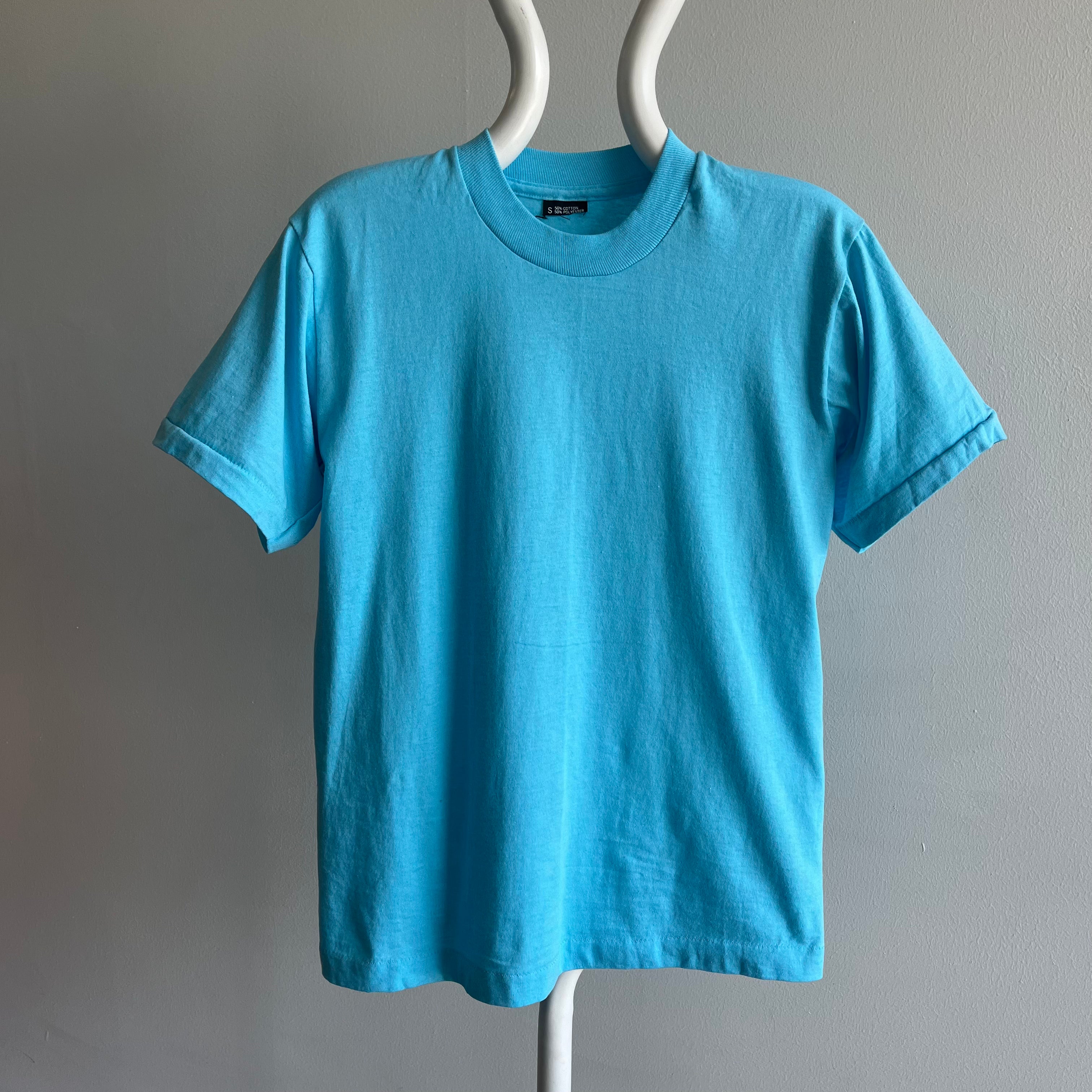 1980s Like New Sea Foam Blue Screen Stars T-Shirt with Mending on the backside