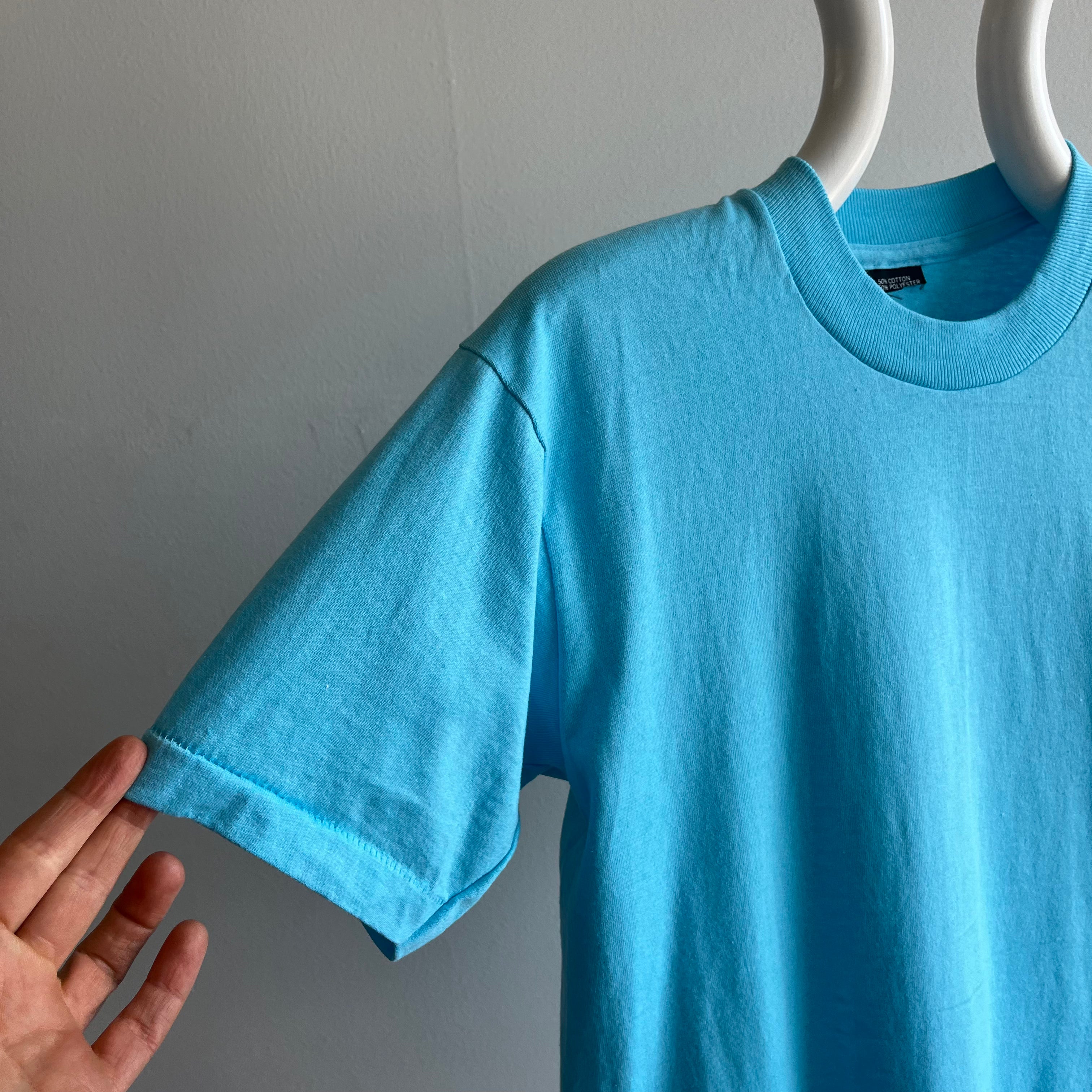 1980s Like New Sea Foam Blue Screen Stars T-Shirt with Mending on the backside