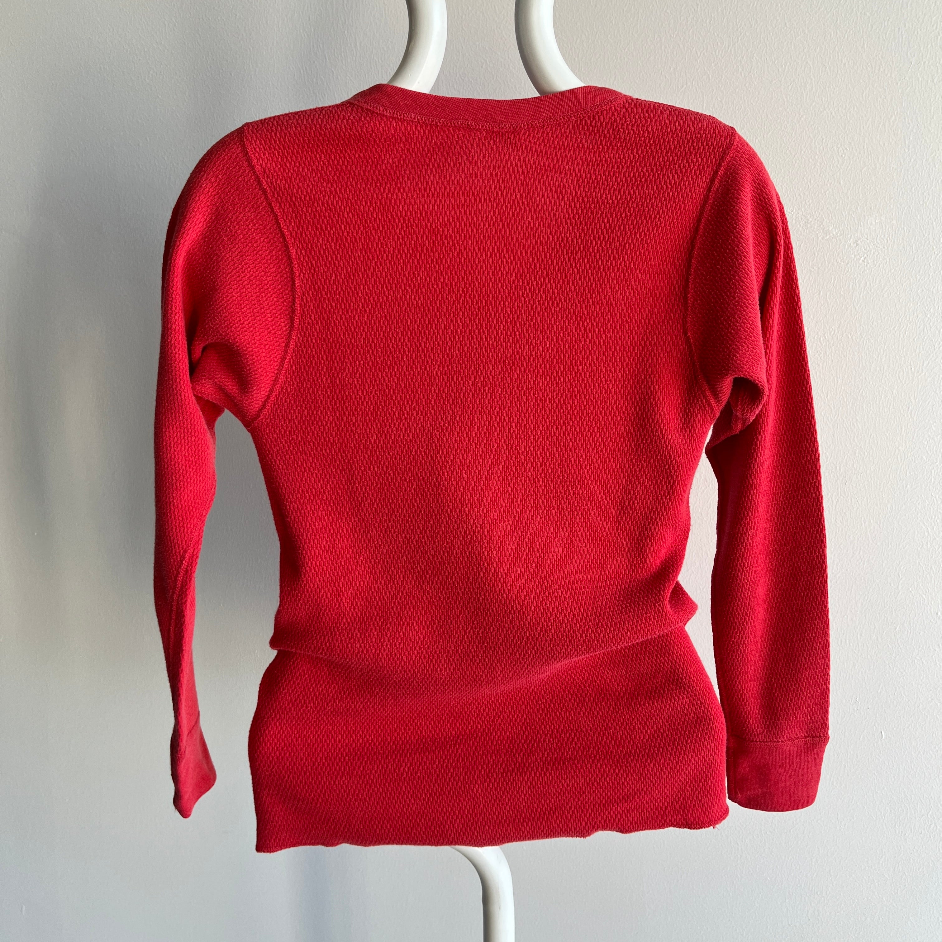 1970s Black and White Hanes Tag Red Cotton Waffle Henley Thermal