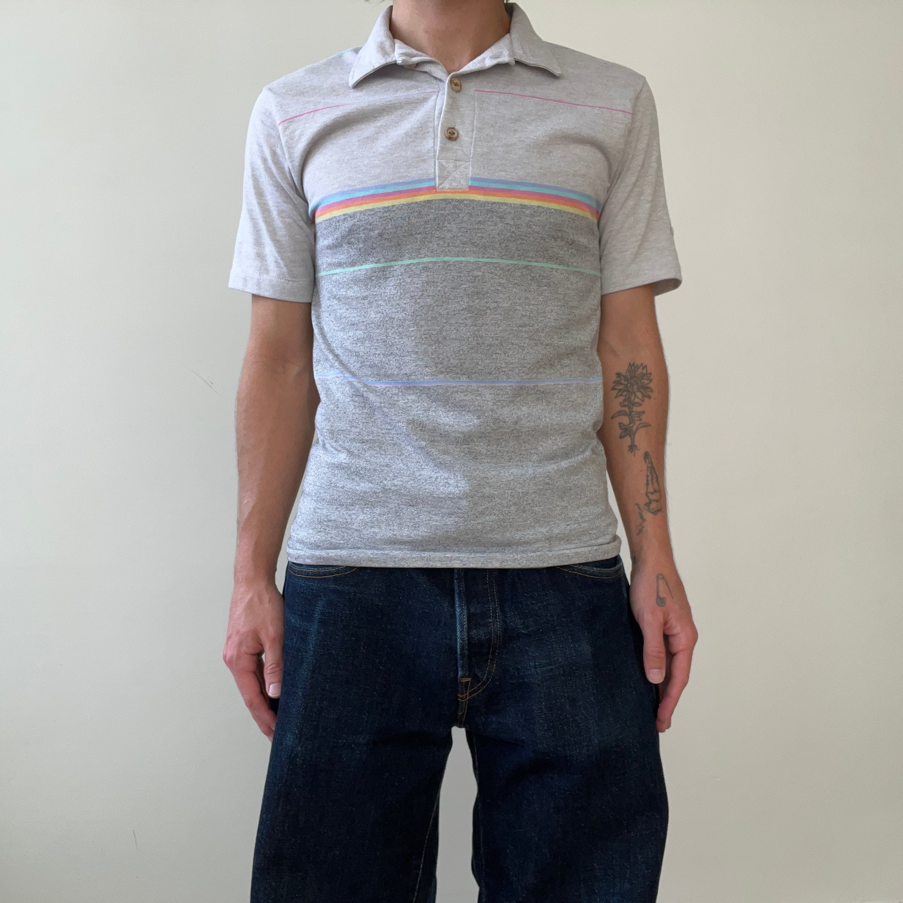 1980s Grey Striped Ocean Pacific Polo Style T Shirt