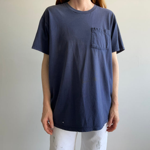 1980s Faded Navy Cotton T-Shirt with Some Graphic Fade on the Backside