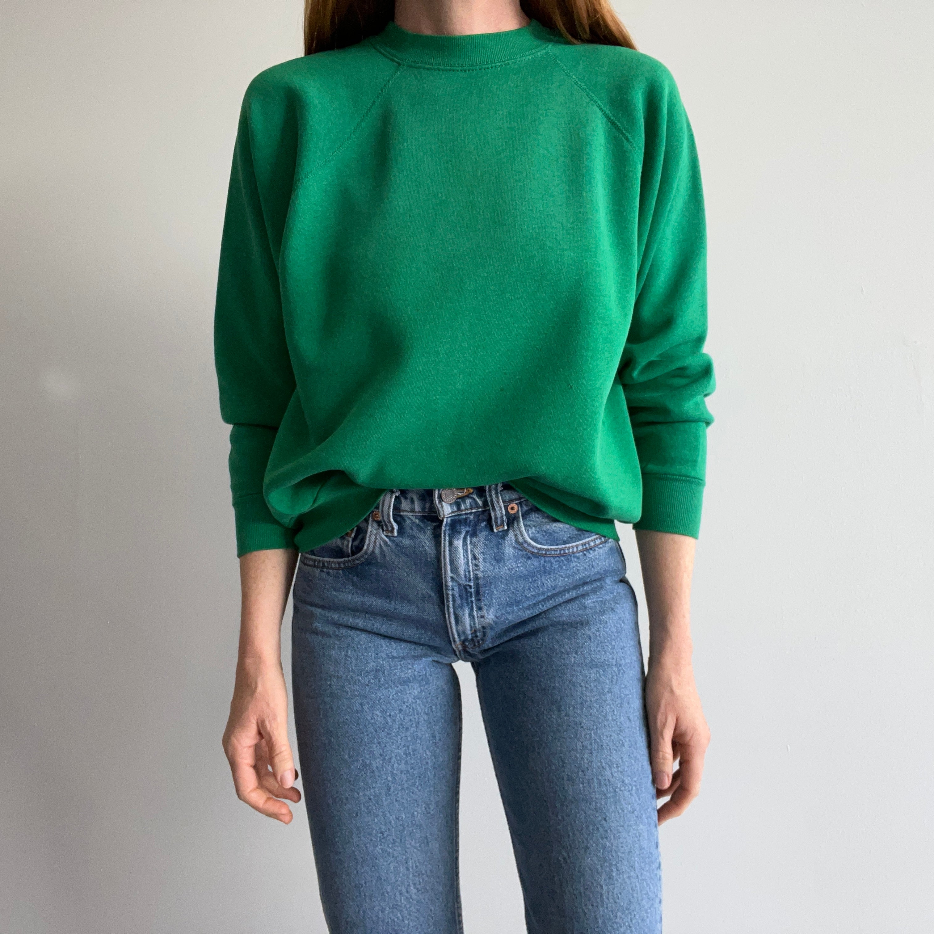 1980s Kelly Green Tultex Raglan with Dark Green Spots.