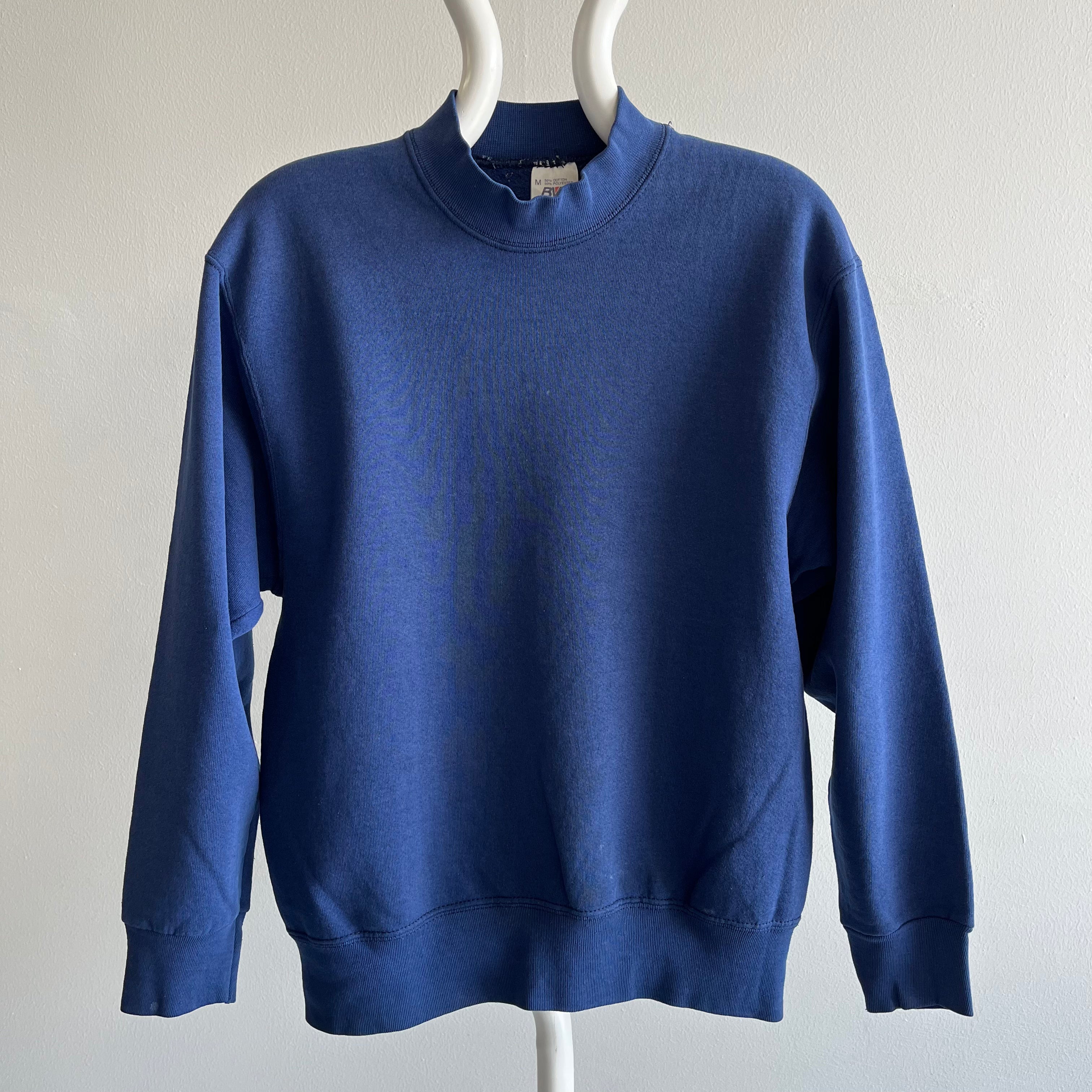 1980s Blank Faded Navy Mock Neck Sweatshirt with Staining by BVD