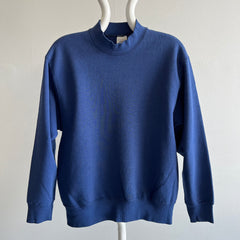 1980s Blank Faded Navy Mock Neck Sweatshirt with Staining by BVD