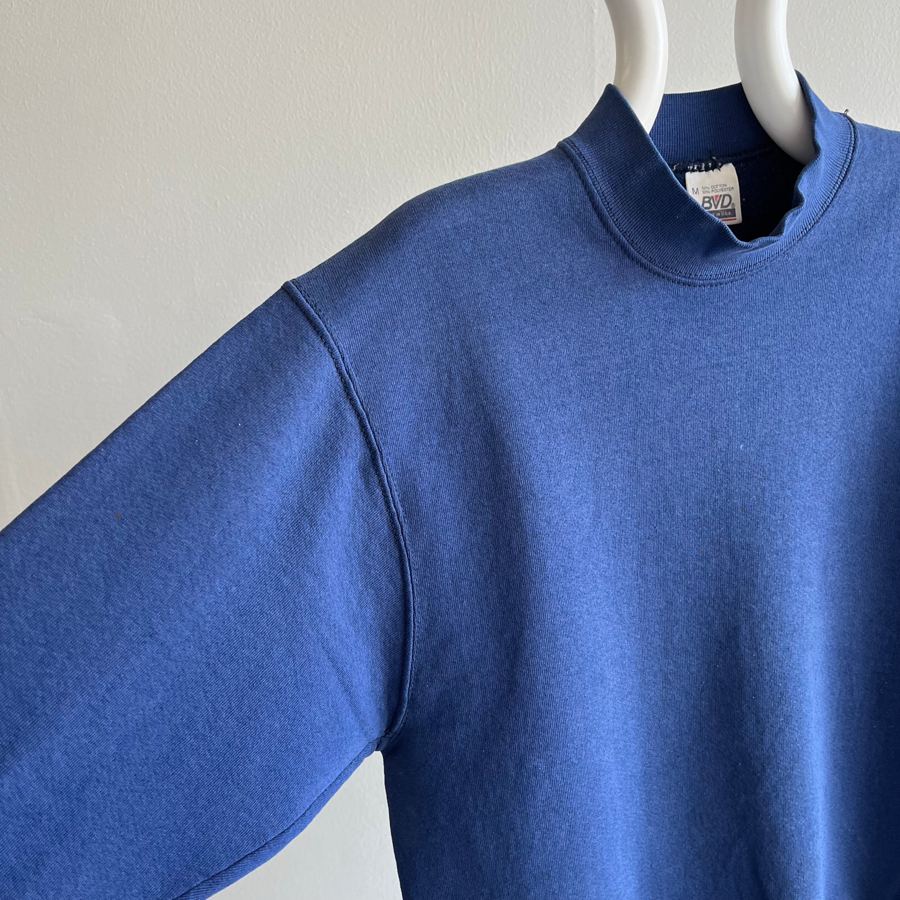 1980s Blank Faded Navy Mock Neck Sweatshirt with Staining by BVD