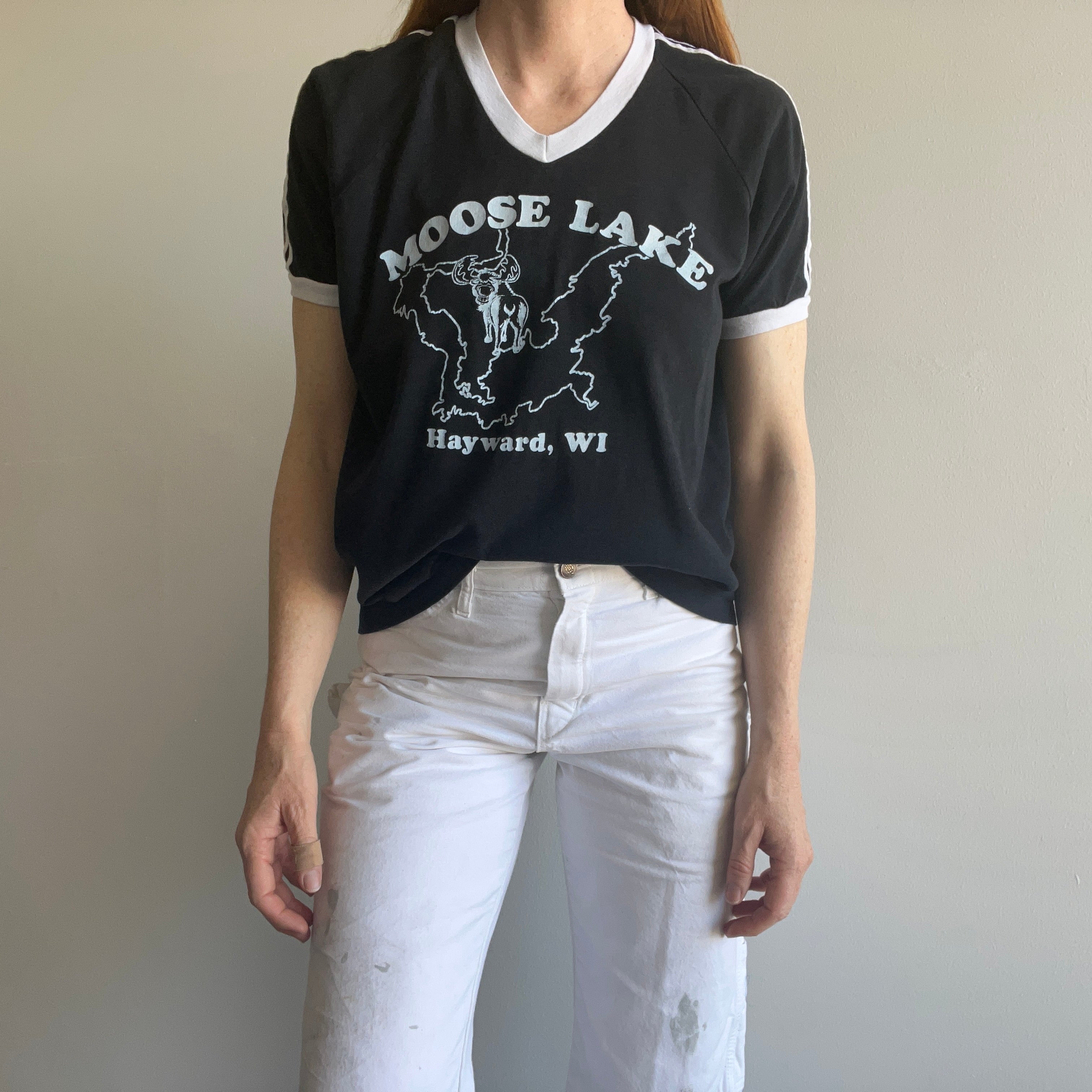 1970s Moose Lake V-Neck Triple Stripe Ring T-Shirt