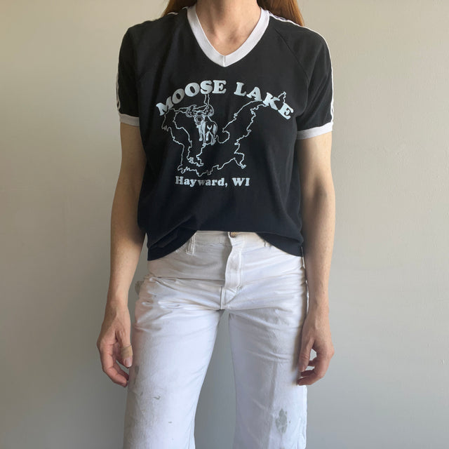 1970s Moose Lake V-Neck Triple Stripe Ring T-Shirt