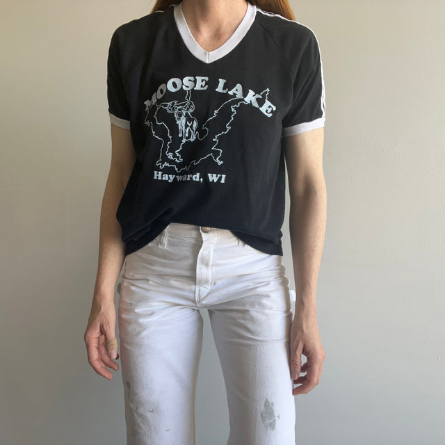 1970s Moose Lake V-Neck Triple Stripe Ring T-Shirt