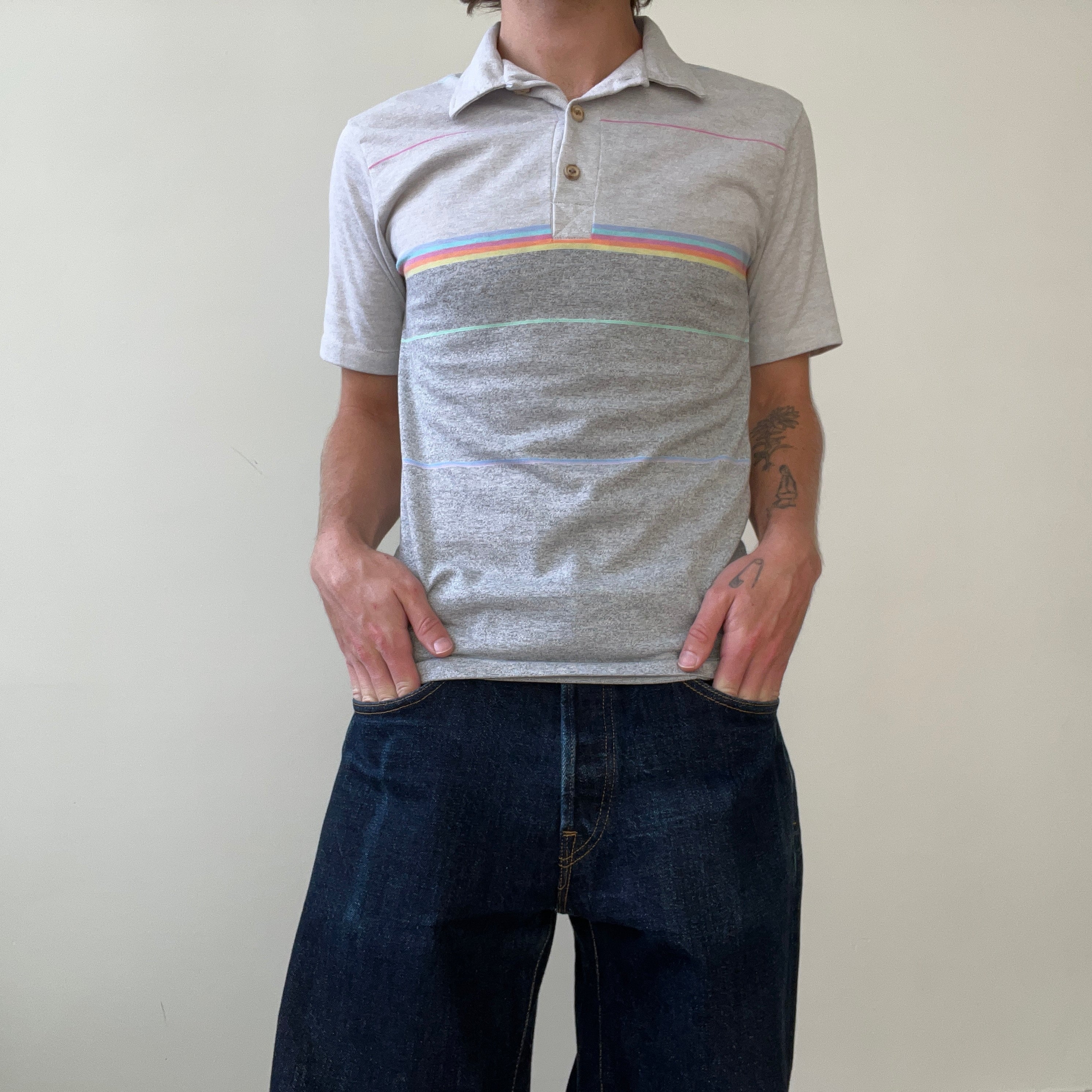 1980s Grey Striped Ocean Pacific Polo Style T Shirt