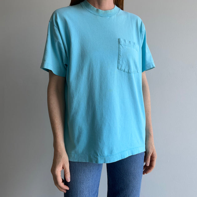 1980s Sky Blue Cotton Pocket T-Shirt - Stained