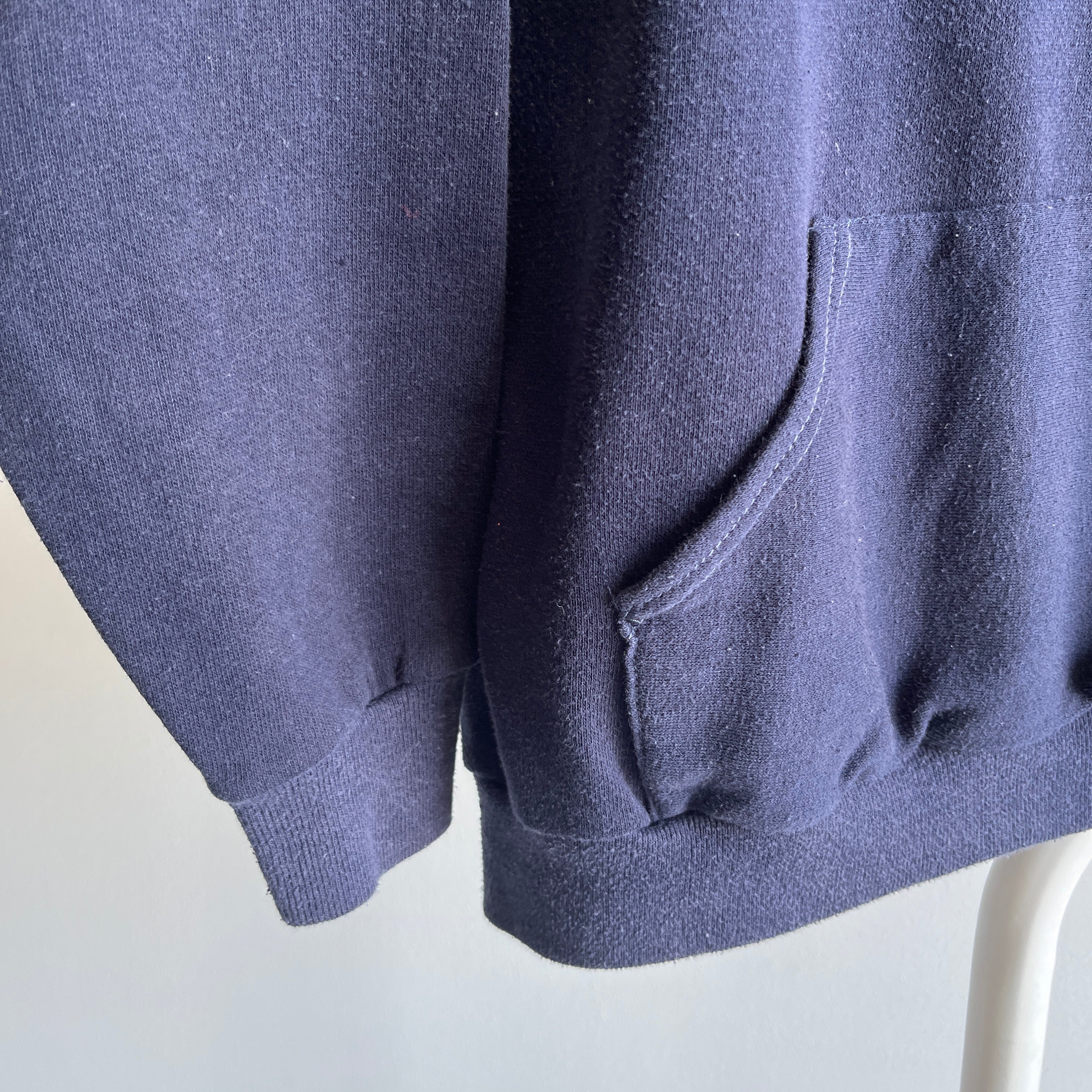 1970s Navy Hoodie by Sportswear with Contrast White Stitching