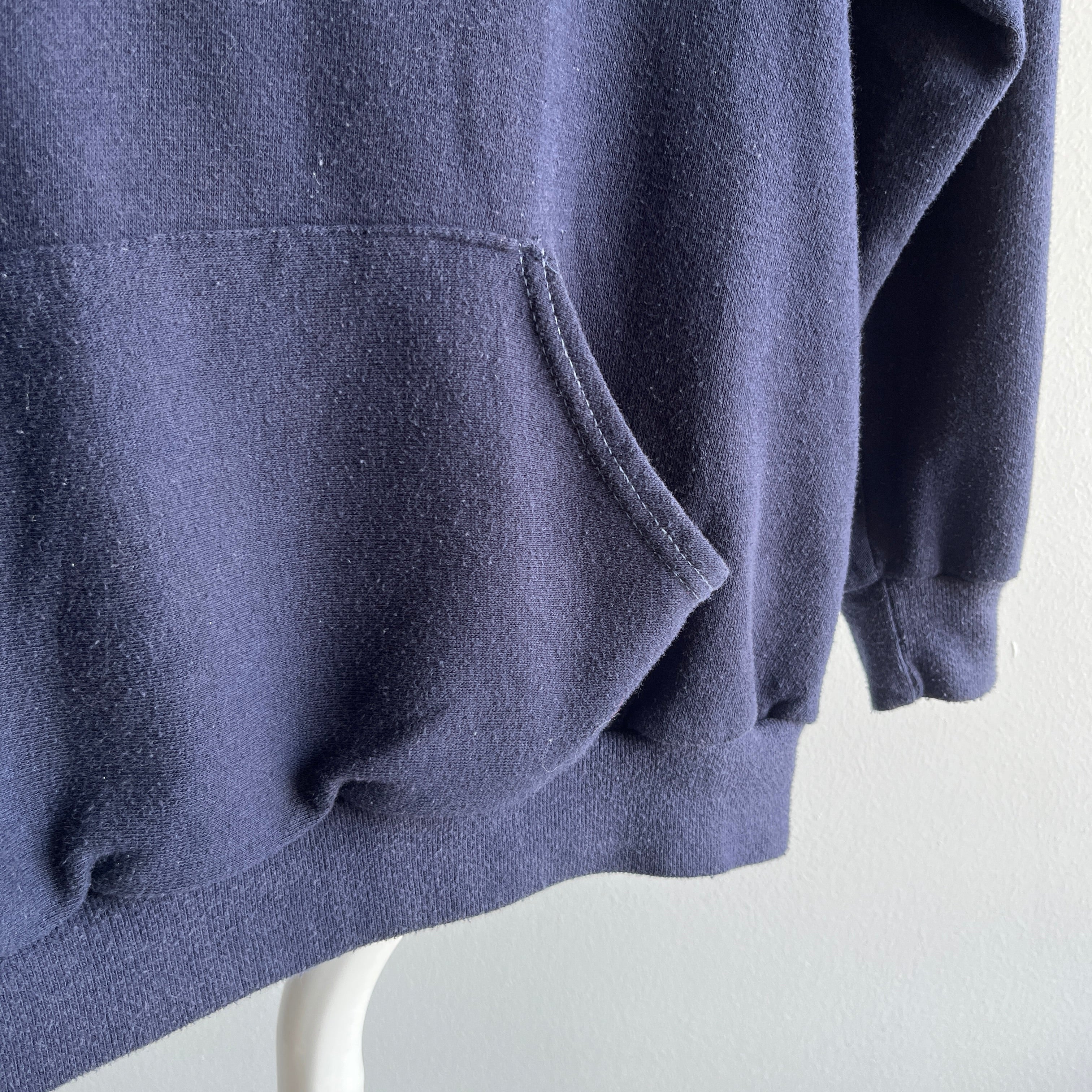 1970s Navy Hoodie by Sportswear with Contrast White Stitching