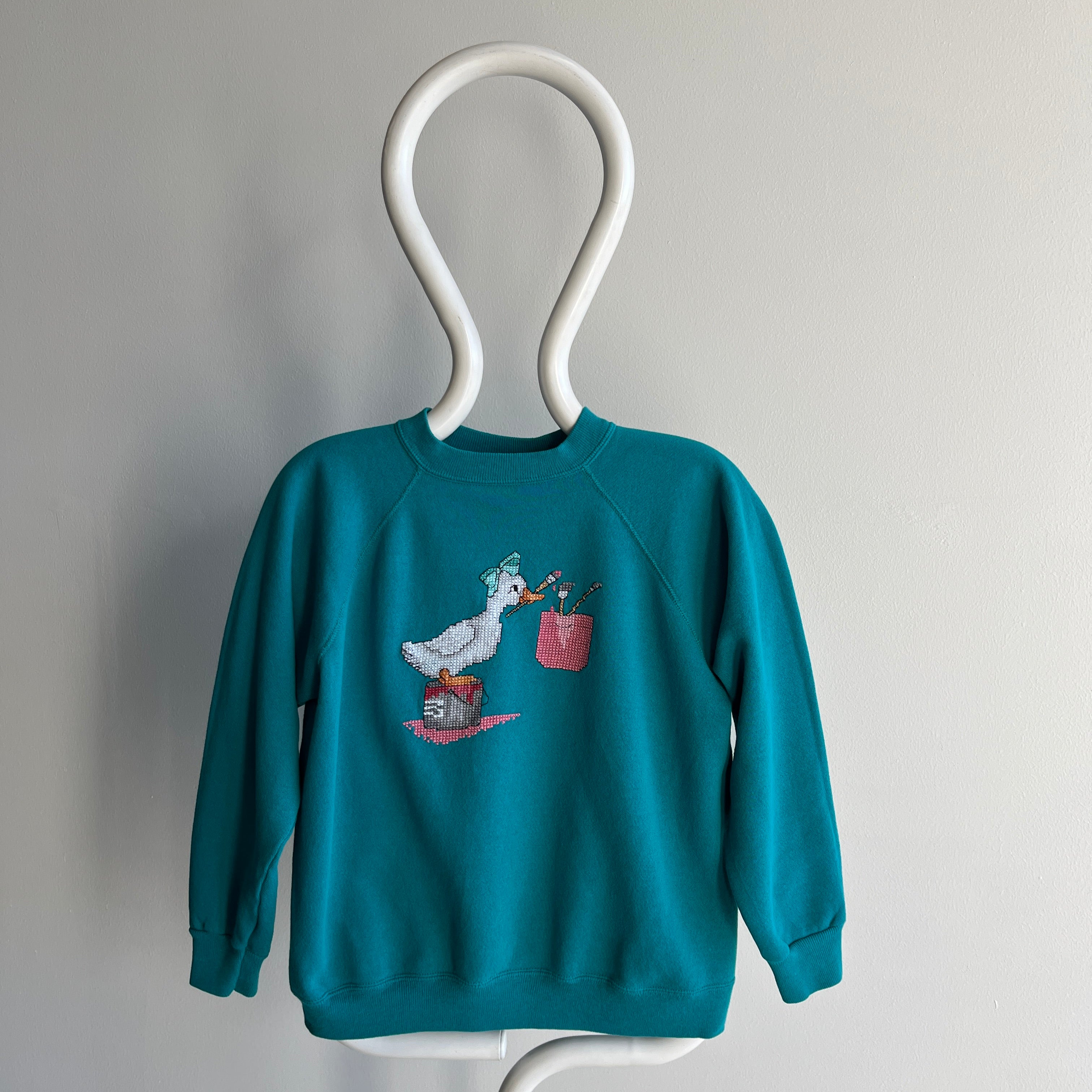 1980s DIY Needlepoint Goose with a Bow Painting Sweatshirt