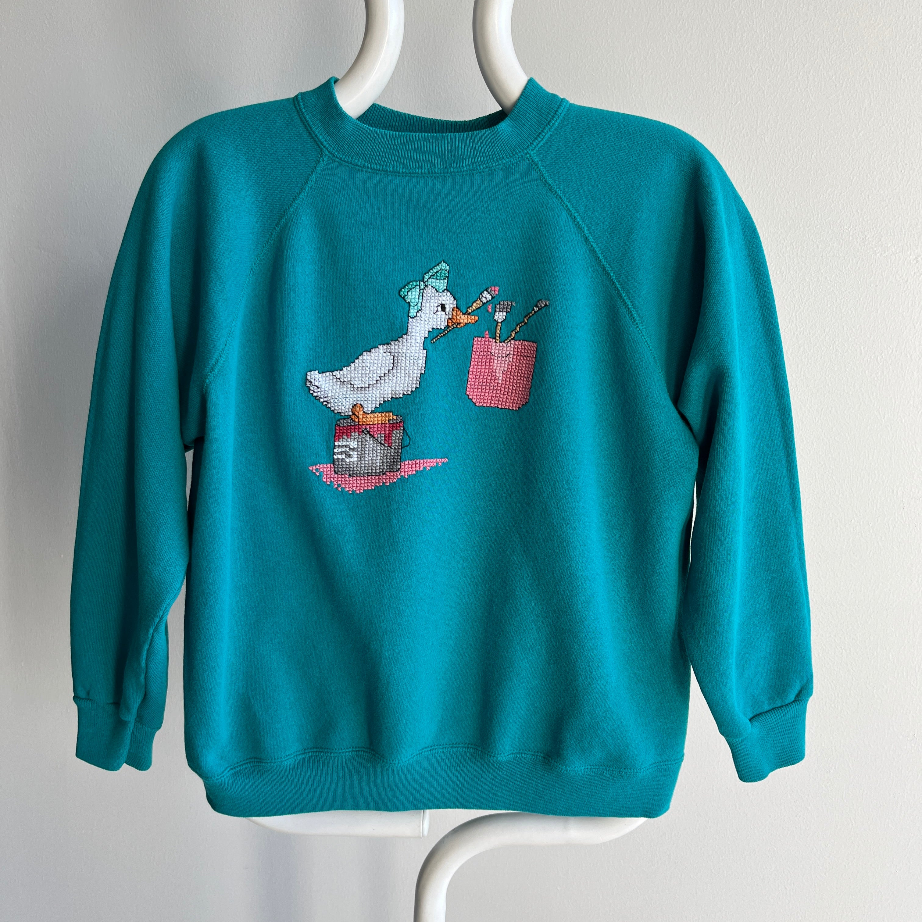 1980s DIY Needlepoint Goose with a Bow Painting Sweatshirt