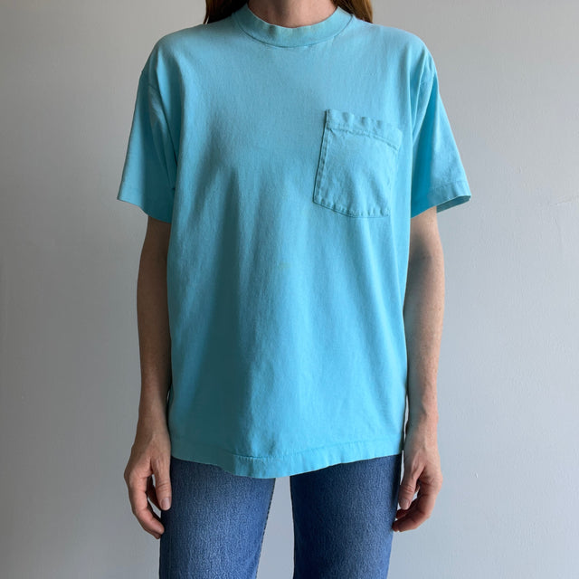 1980s Sky Blue Cotton Pocket T-Shirt - Stained