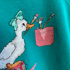 1980s DIY Needlepoint Goose with a Bow Painting Sweatshirt