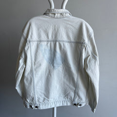 1990s Larger Acid Wash White Denim Jean Jacket with an Iron Imprint on the Back - Hmmmm