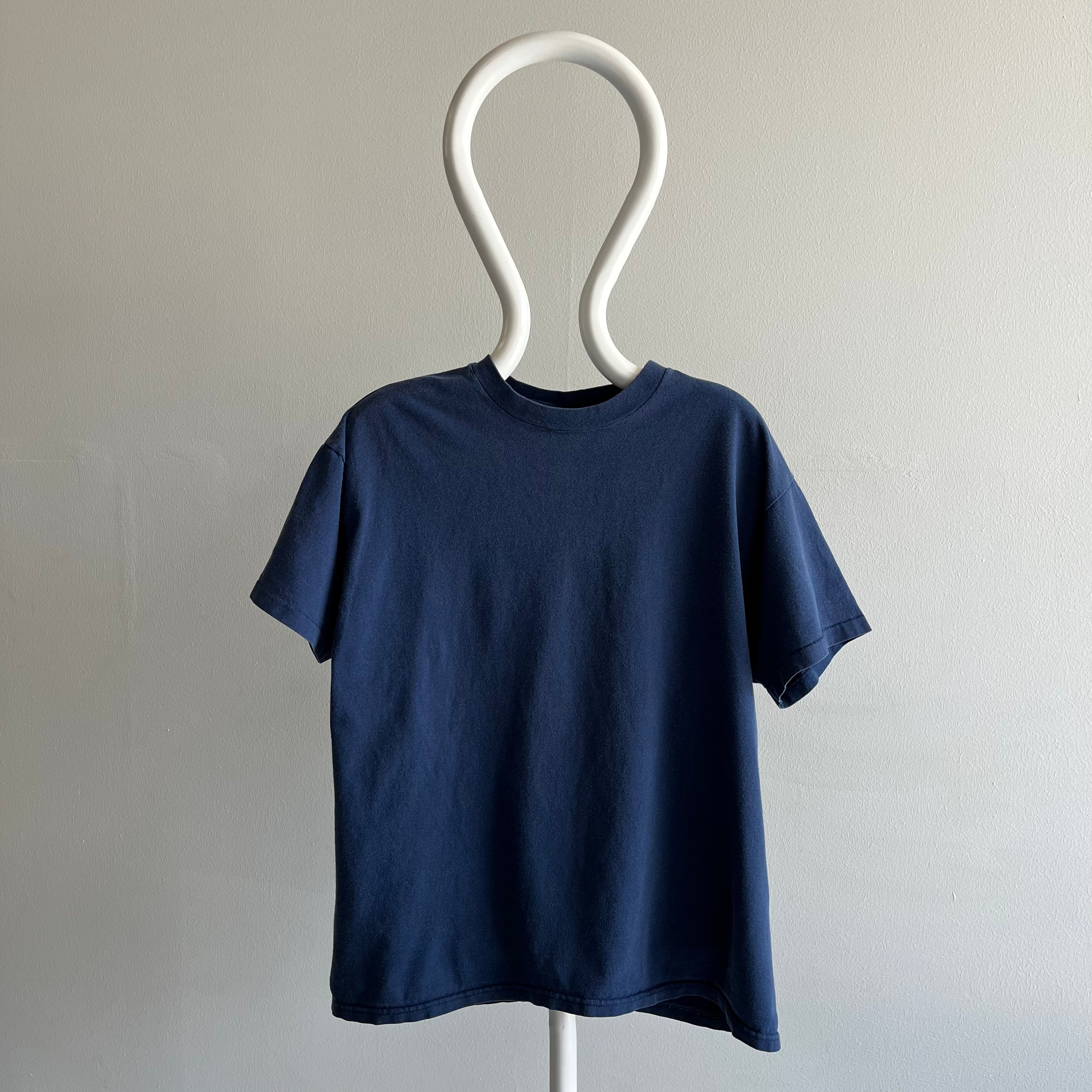 1990s Faded Blank Navy Cotton T-shirt by Hanes