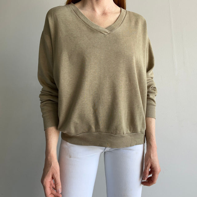 1970s Spruce V-Neck Khaki Sweatshirt