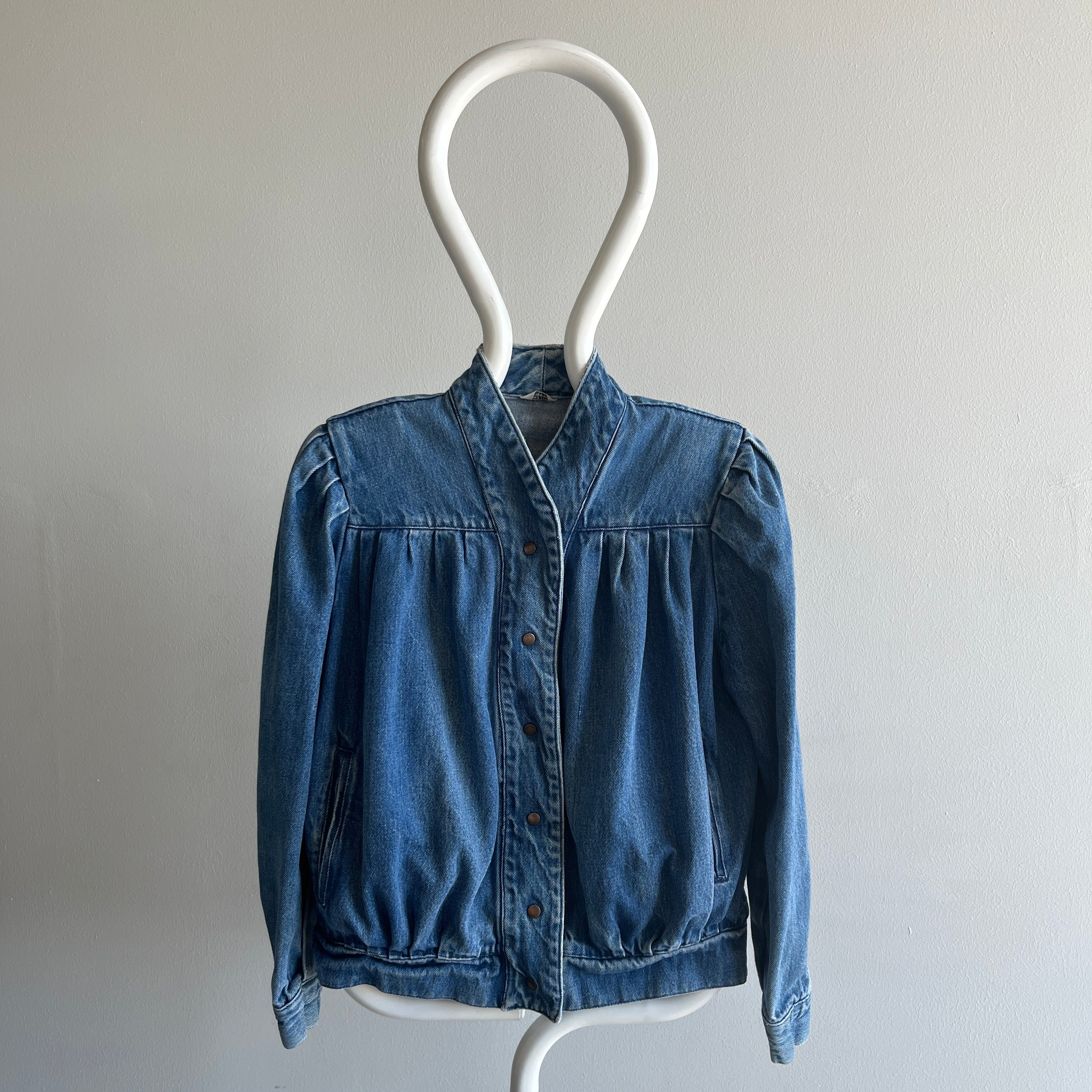 1980s Pleaded Denim Jacket with Snaps and.... SHOULDER PADS! Holy Moly!