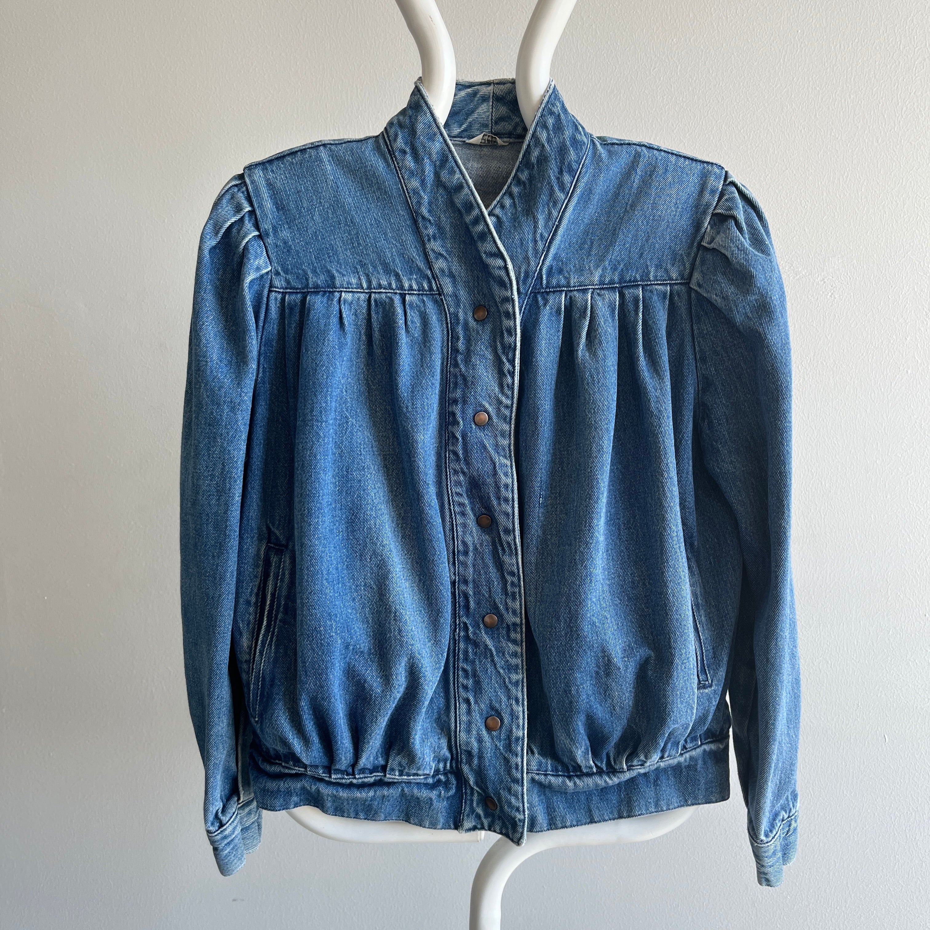 1980s Pleaded Denim Jacket with Snaps and.... SHOULDER PADS! Holy Moly!