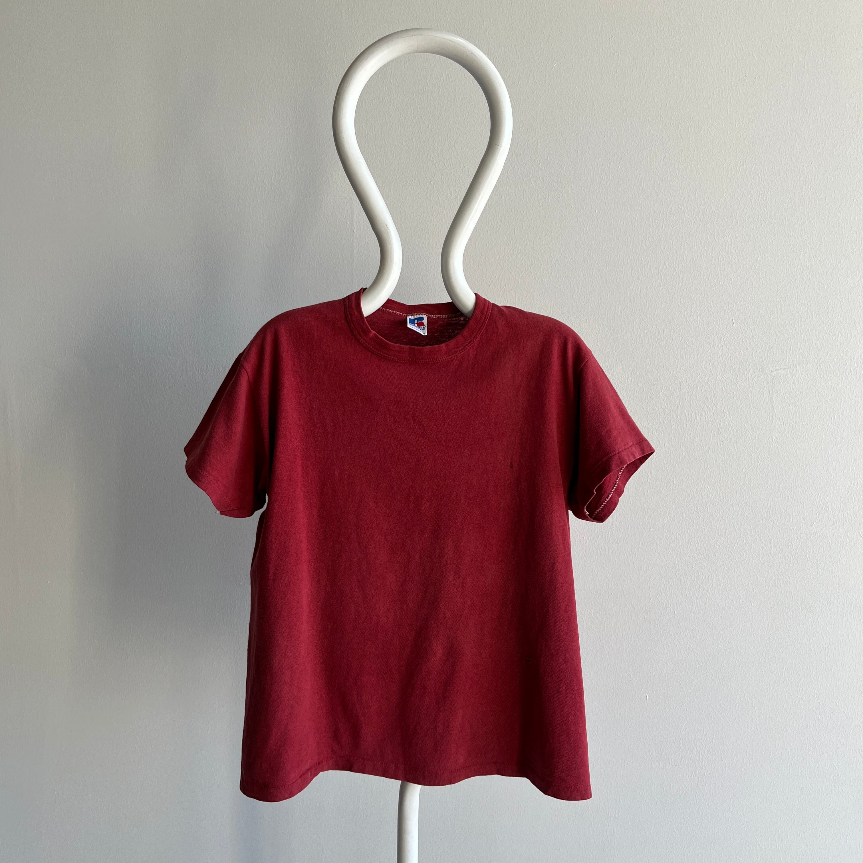 1980s Faded Cotton Rolled Neck Russell Brick Colored T-Shirt