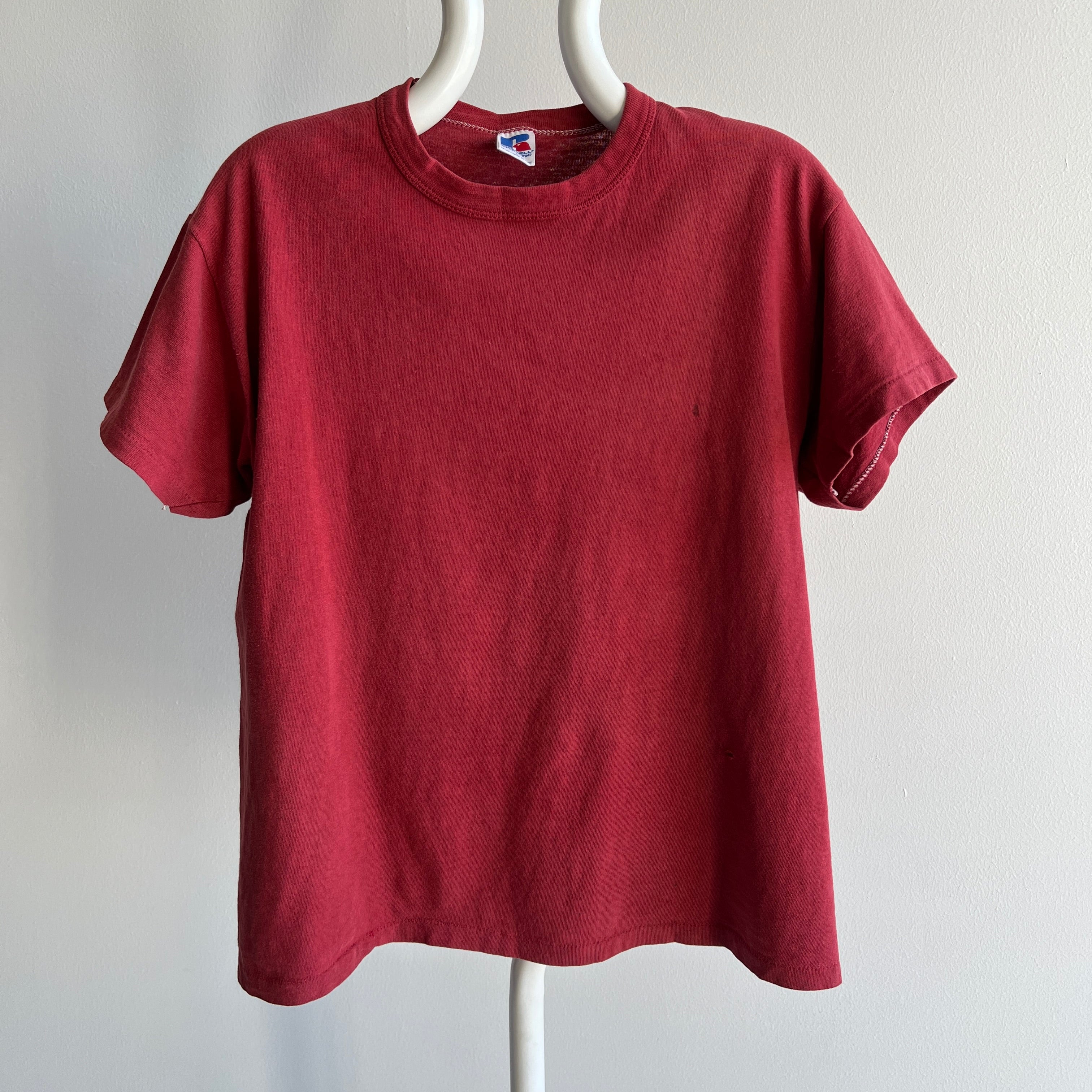 1980s Faded Cotton Rolled Neck Russell Brick Colored T-Shirt