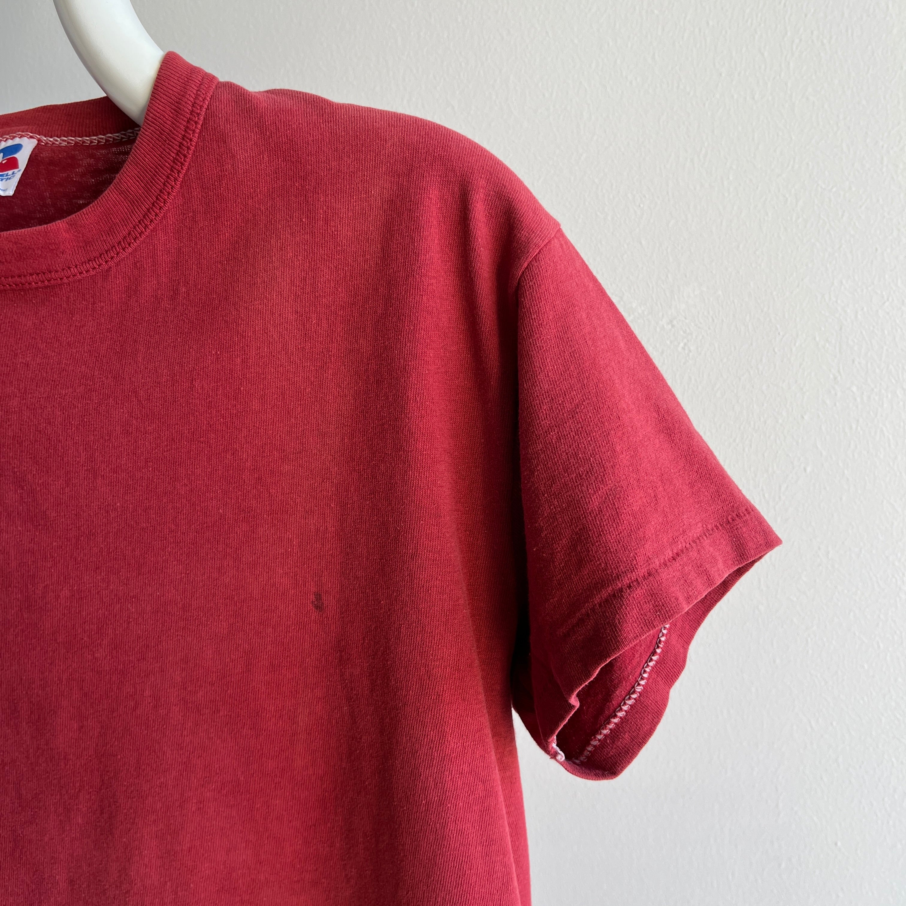 1980s Faded Cotton Rolled Neck Russell Brick Colored T-Shirt