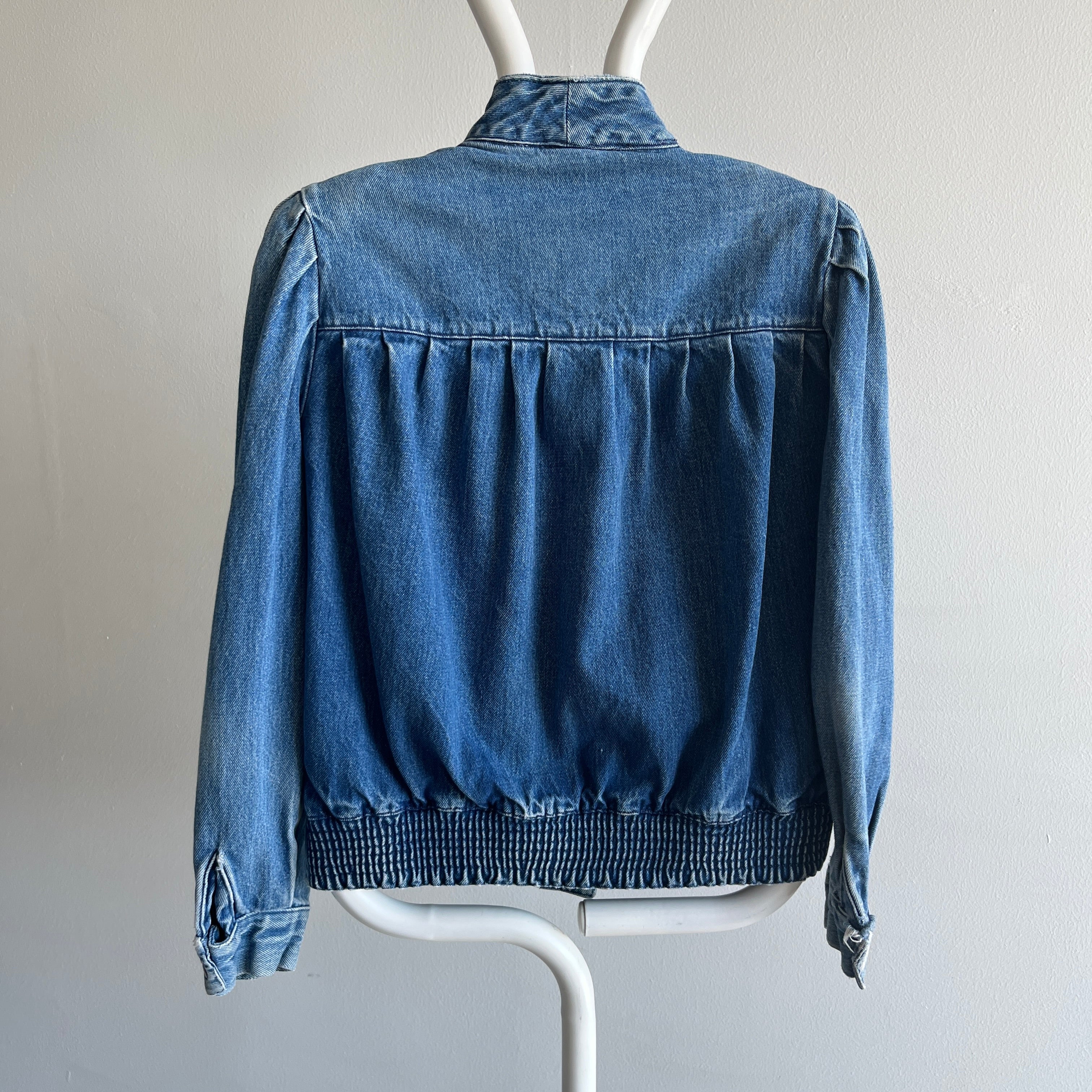 1980s Pleaded Denim Jacket with Snaps and.... SHOULDER PADS! Holy Moly!