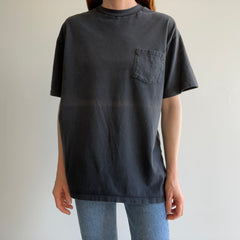 1990s Faded Blank Black Pocket T-Shirt With a Sun Fade Line - Swoon