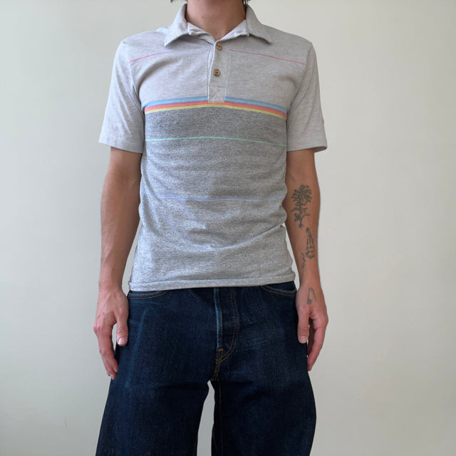 1980s Grey Striped Ocean Pacific Polo Style T Shirt