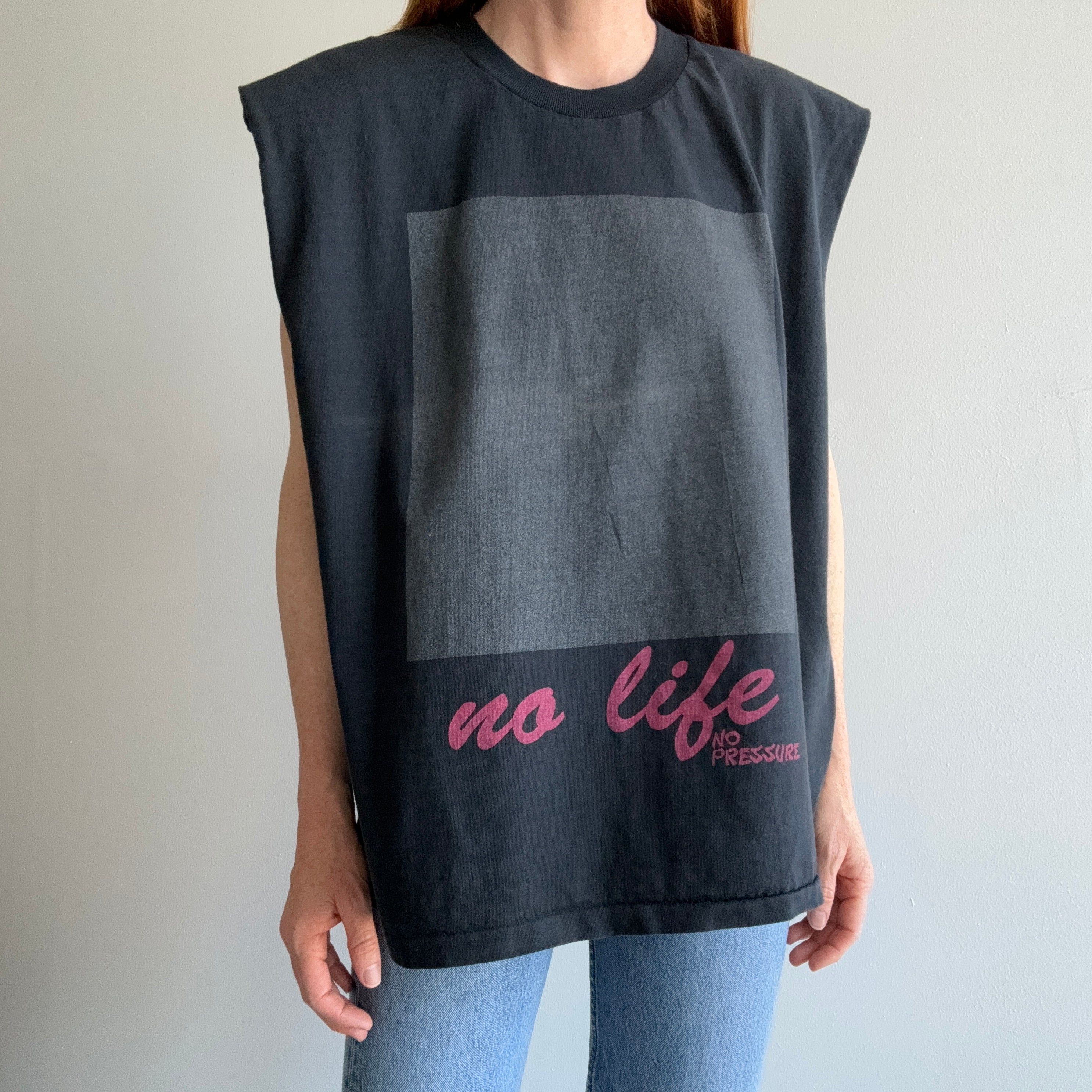 1980s No Life, No Pressure Cut Sleeve Tank Top