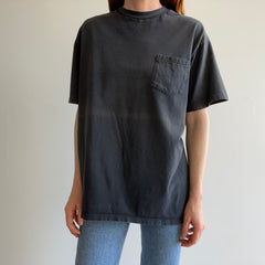 1990s Faded Blank Black Pocket T-Shirt With a Sun Fade Line - Swoon