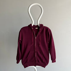 1970s Never Worn XS Burgundy Selvedge Pocket Zip Up Hoodie