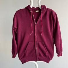 1970s Never Worn XS Burgundy Selvedge Pocket Zip Up Hoodie