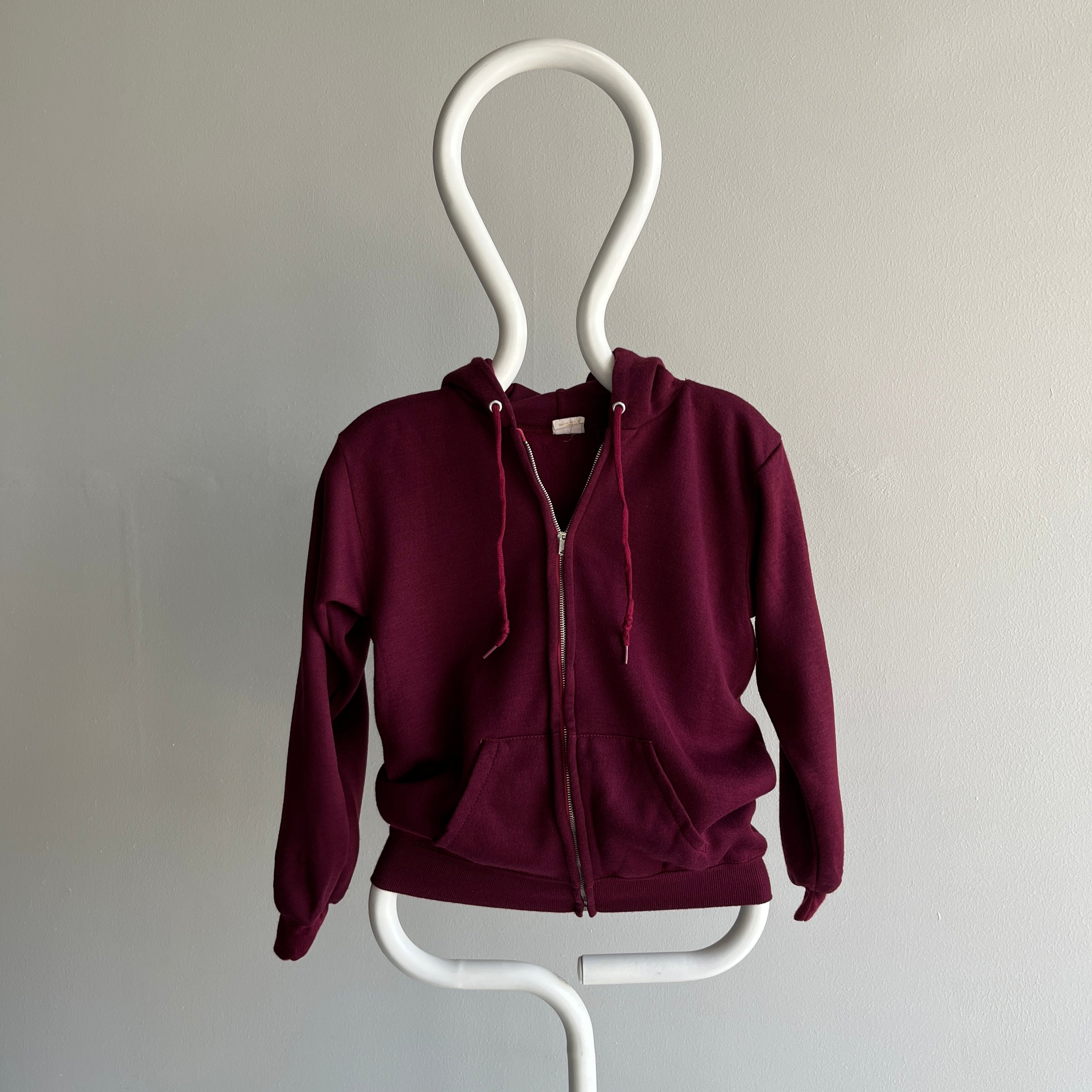 1970s Never Worn XS Burgundy Selvedge Pocket Zip Up Hoodie