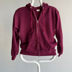 1970s Never Worn XS Burgundy Selvedge Pocket Zip Up Hoodie