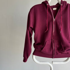 1970s Never Worn XS Burgundy Selvedge Pocket Zip Up Hoodie