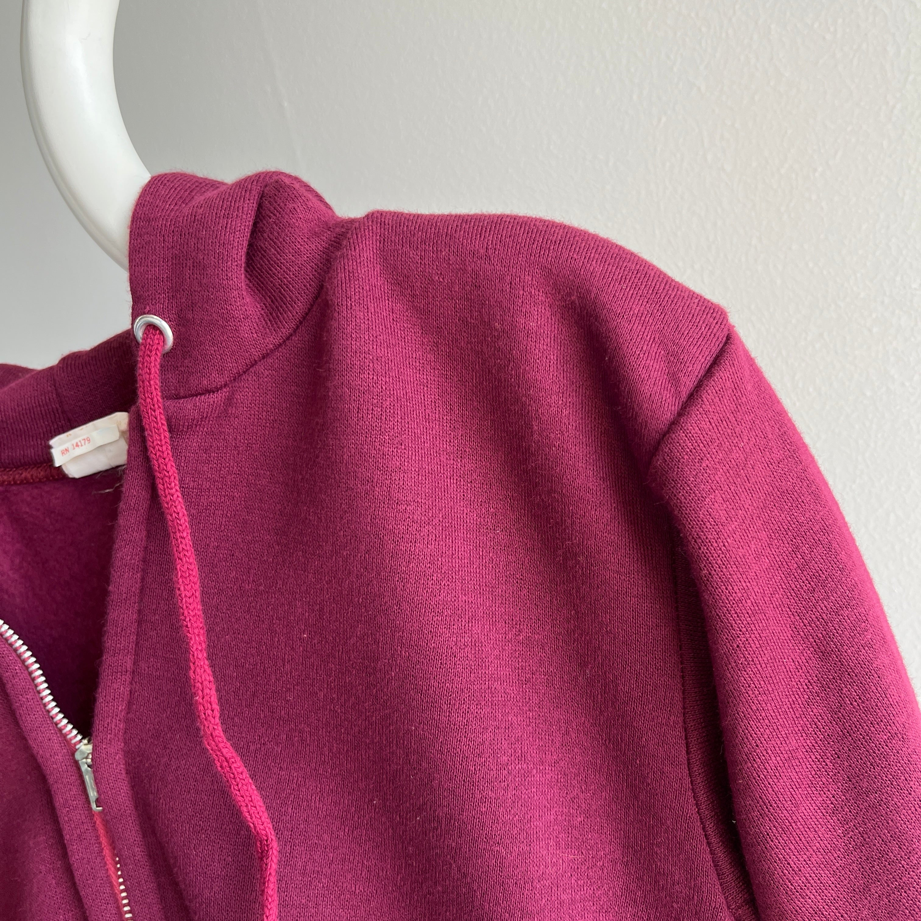 1970s Never Worn XS Burgundy Selvedge Pocket Zip Up Hoodie