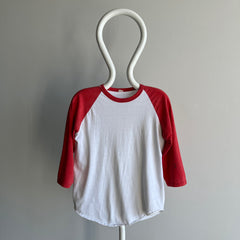 1970/80s Perfectly Faded, Mended and Bleach Stained Red and White Baseball T-Shirt