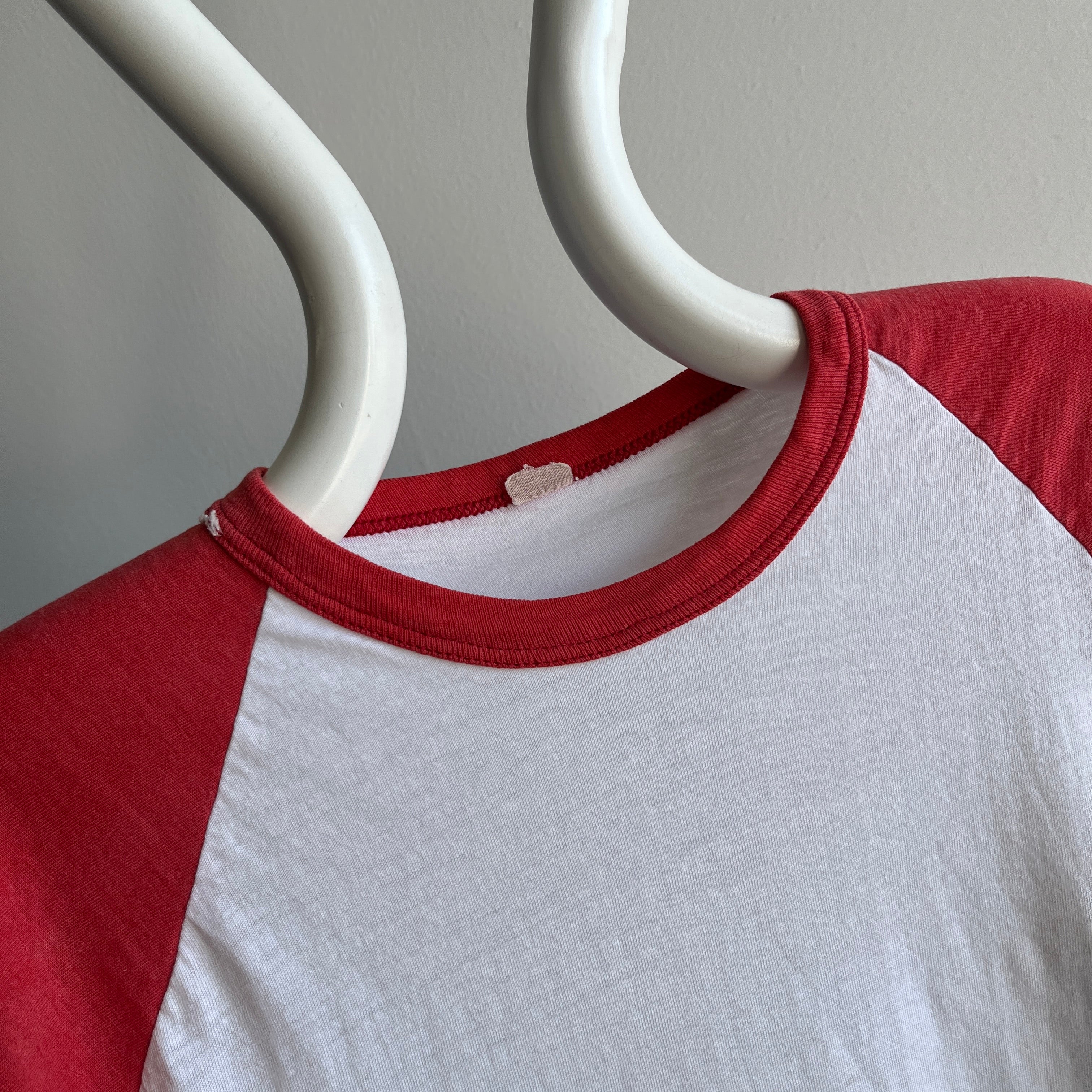 1970/80s Perfectly Faded, Mended and Bleach Stained Red and White Baseball T-Shirt