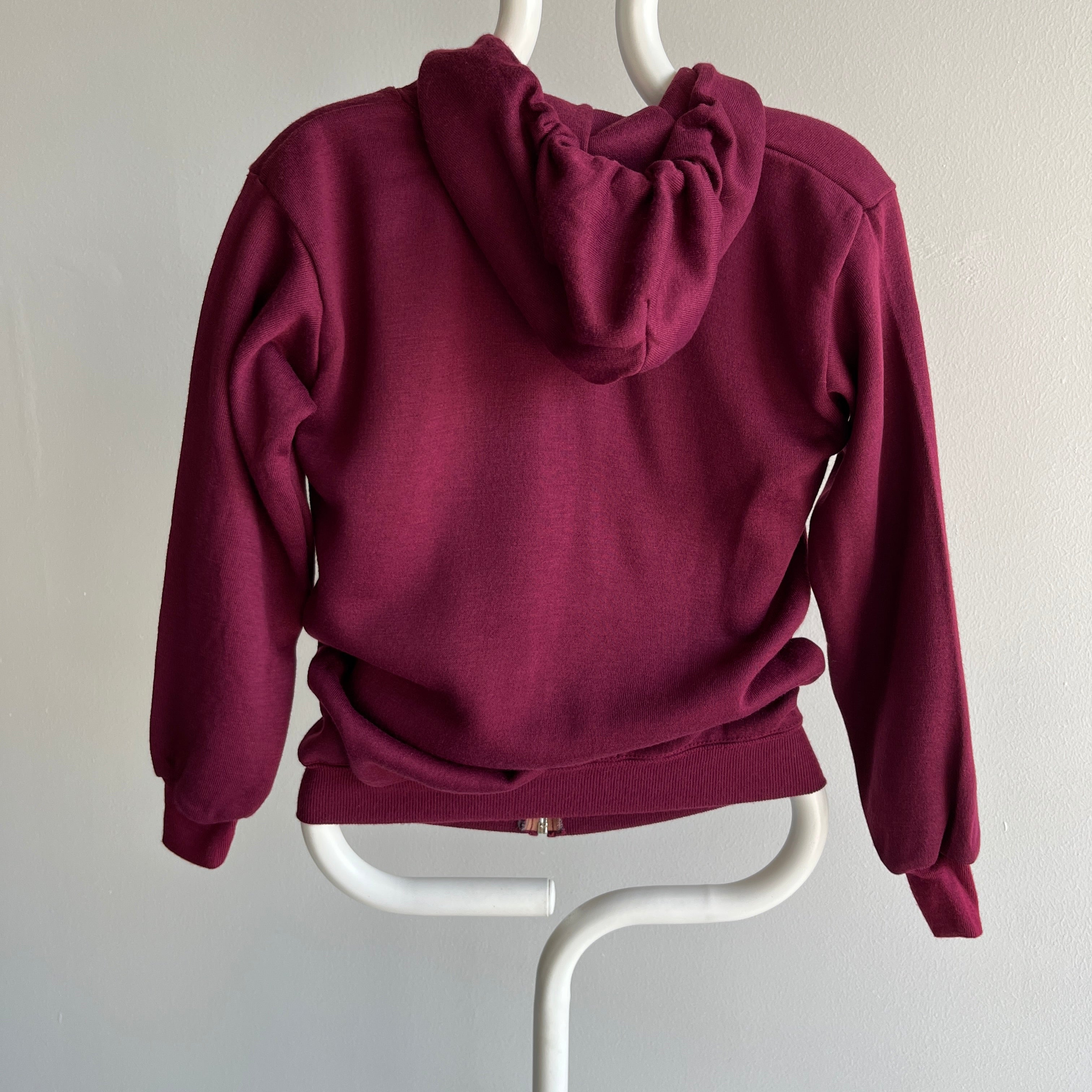 1970s Never Worn XS Burgundy Selvedge Pocket Zip Up Hoodie