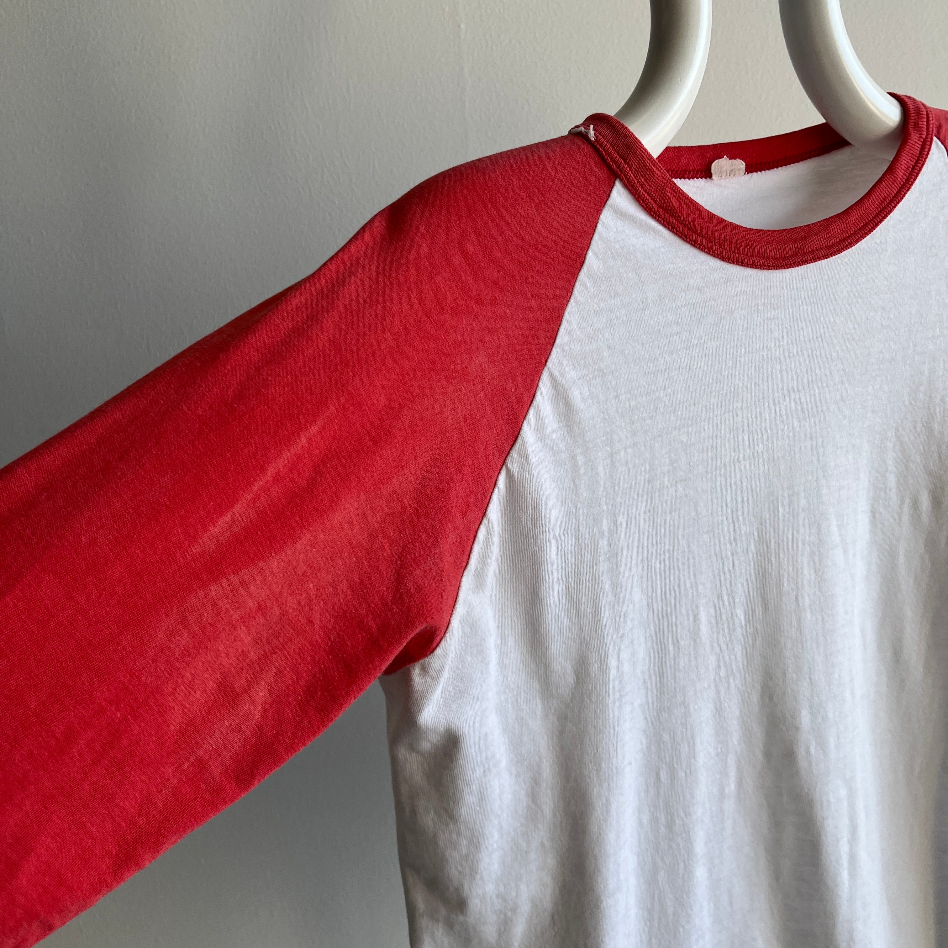 1970/80s Perfectly Faded, Mended and Bleach Stained Red and White Baseball T-Shirt