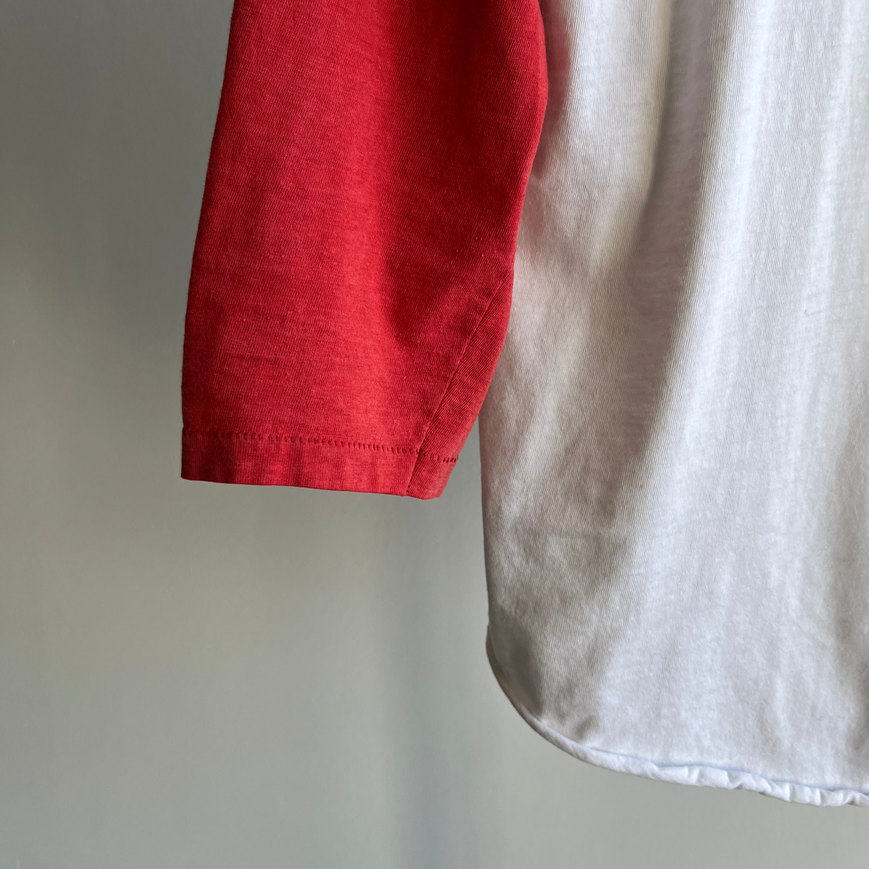 1970/80s Perfectly Faded, Mended and Bleach Stained Red and White Baseball T-Shirt