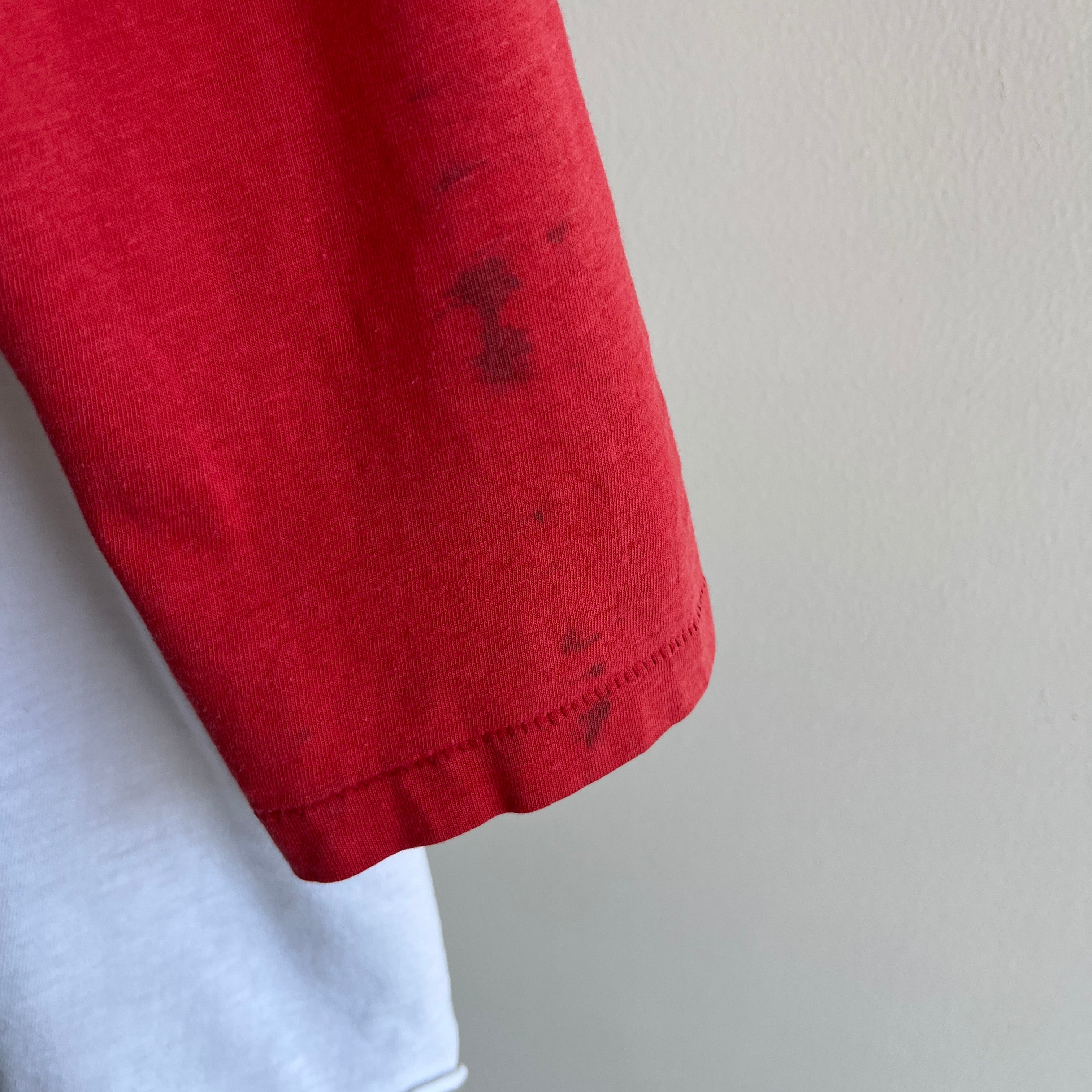 1970/80s Perfectly Faded, Mended and Bleach Stained Red and White Baseball T-Shirt