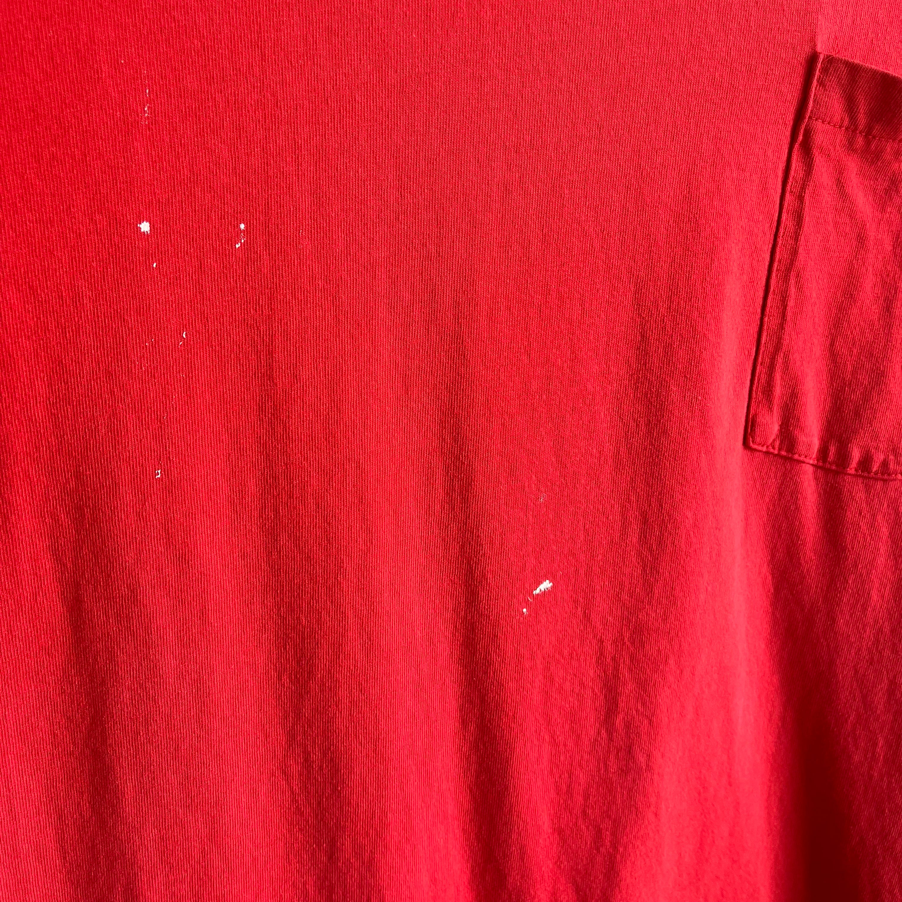 1990s Relaxed Fit Paint Stained Red Pocket T-Shirt